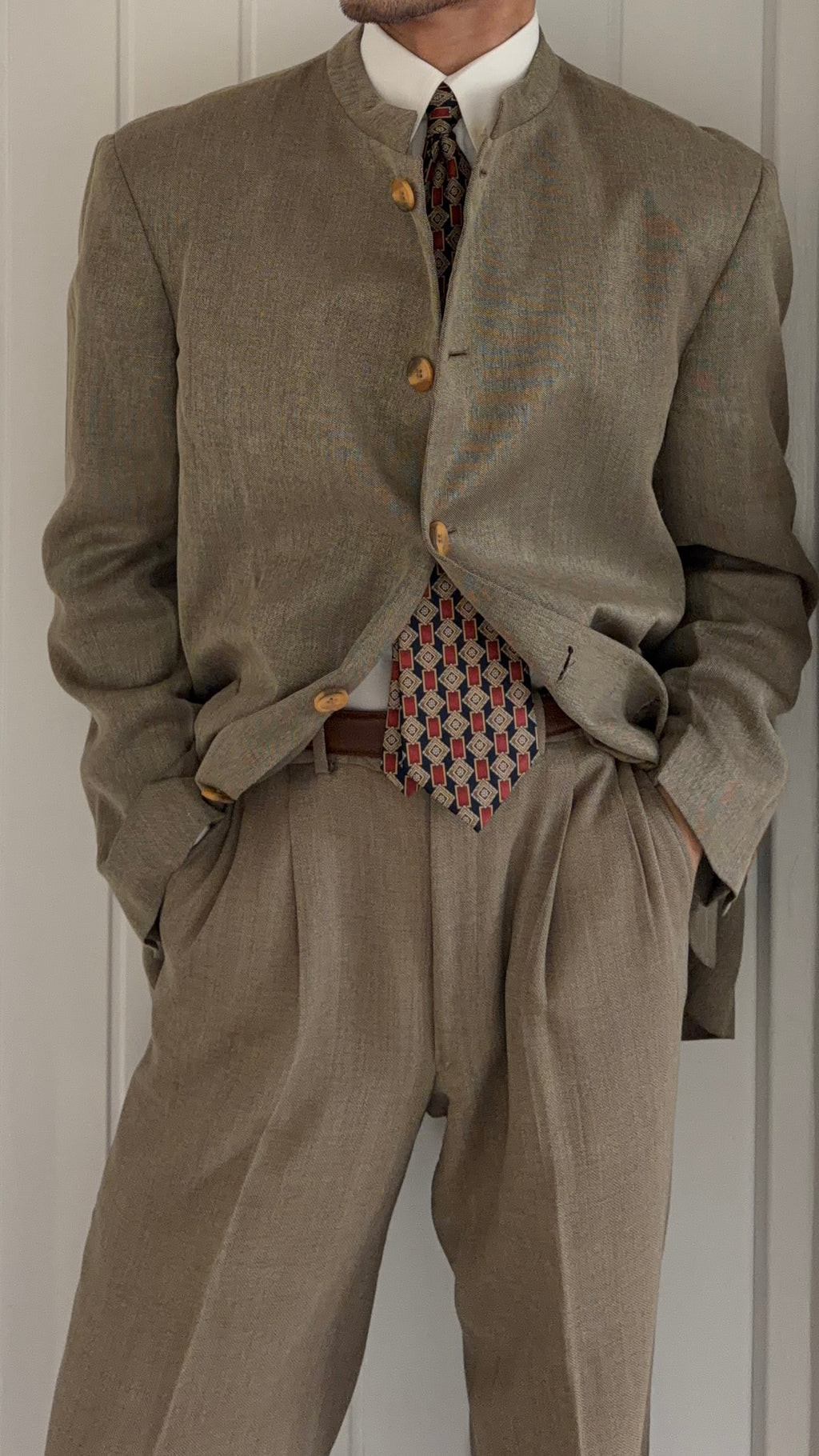 Giorgio Armani 1980s Nehru Collar Jacket Taupe Olive Brown - Size L