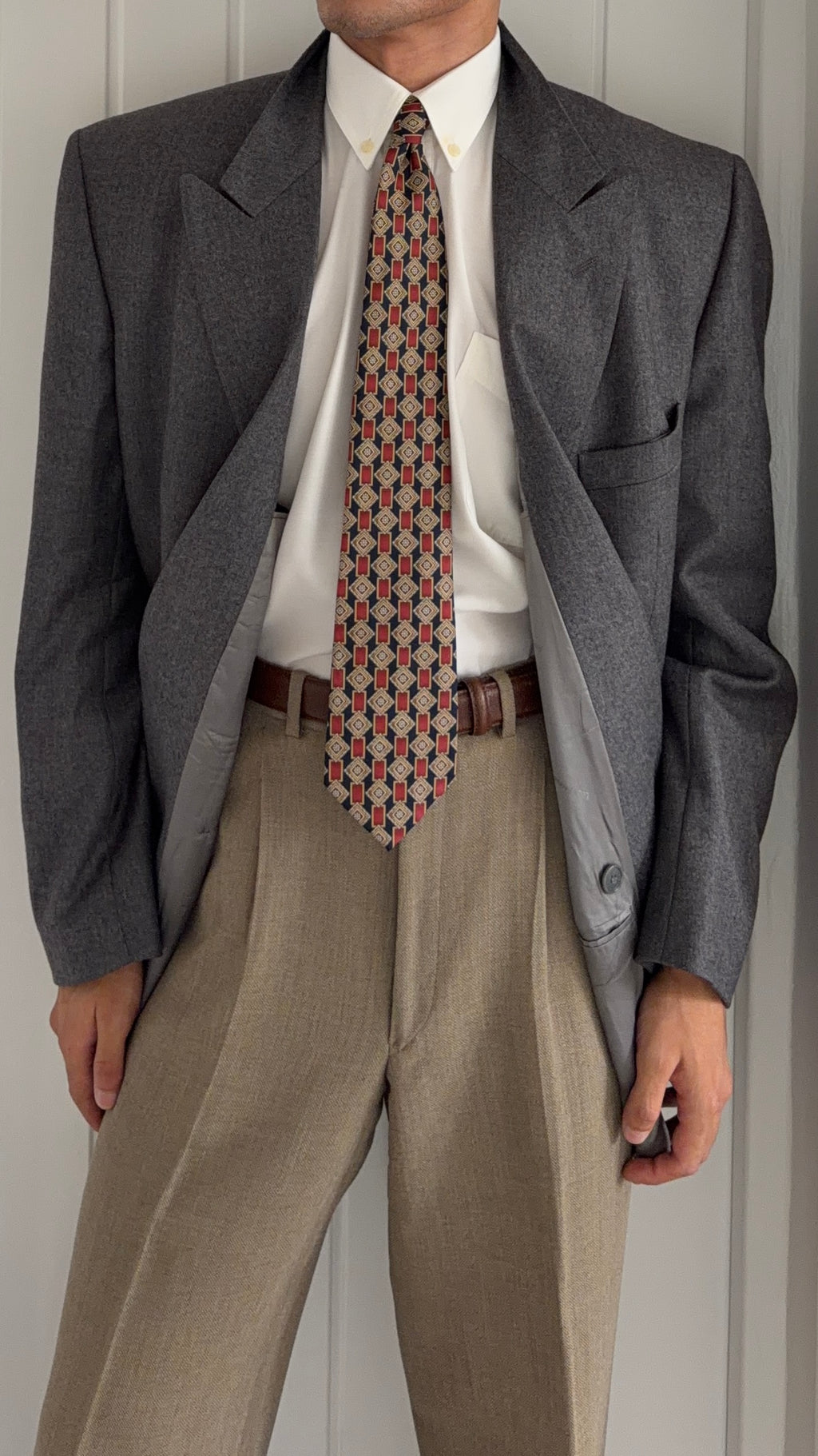 Louis Feraud Armani 1980s Peaked Lapel Double Breasted Wool Grey Sport Jacket Blazer - Size XL