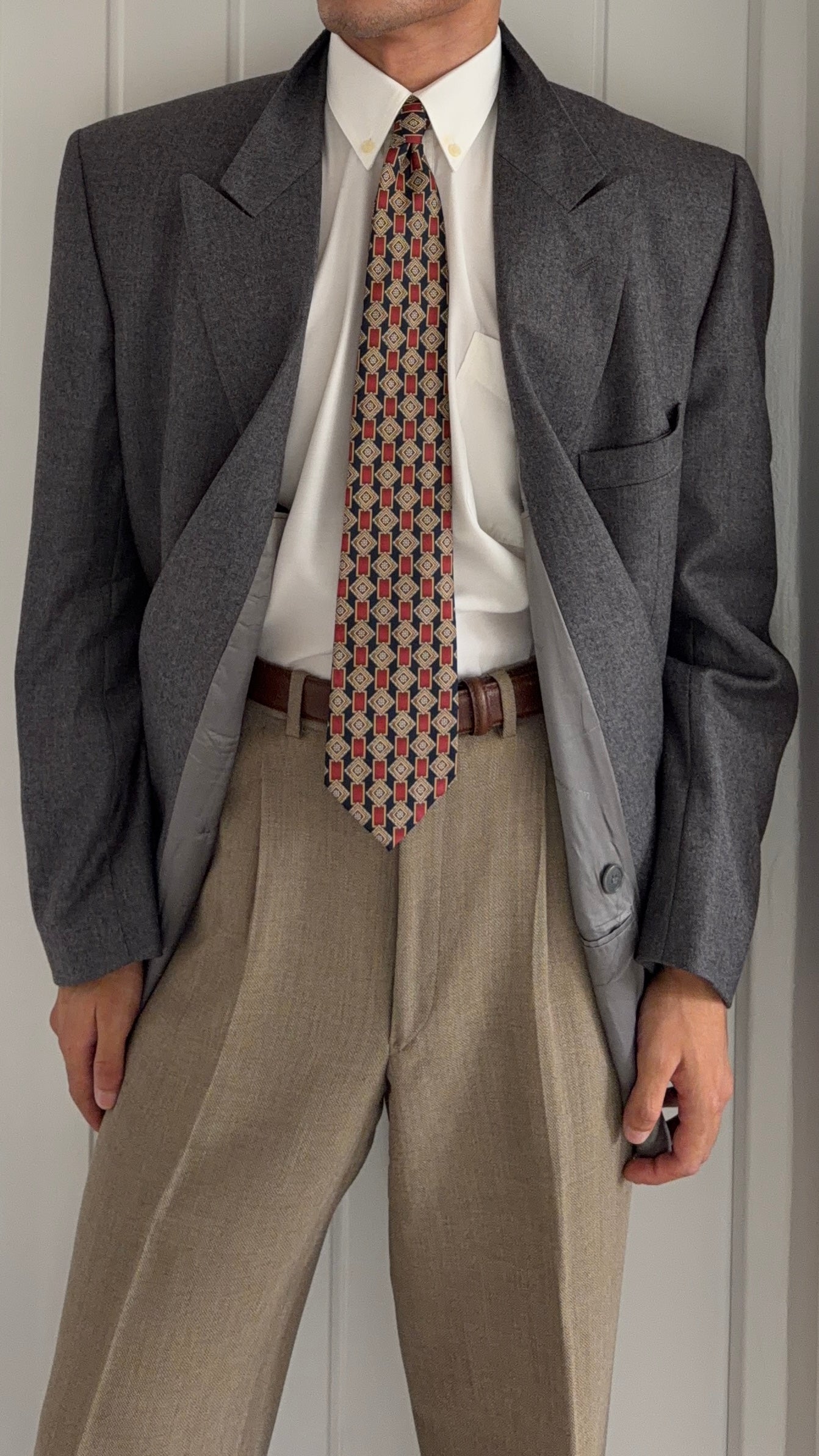 Louis Feraud Armani 1980s Peaked Lapel Double Breasted Wool Grey Sport Jacket Blazer - Size XL