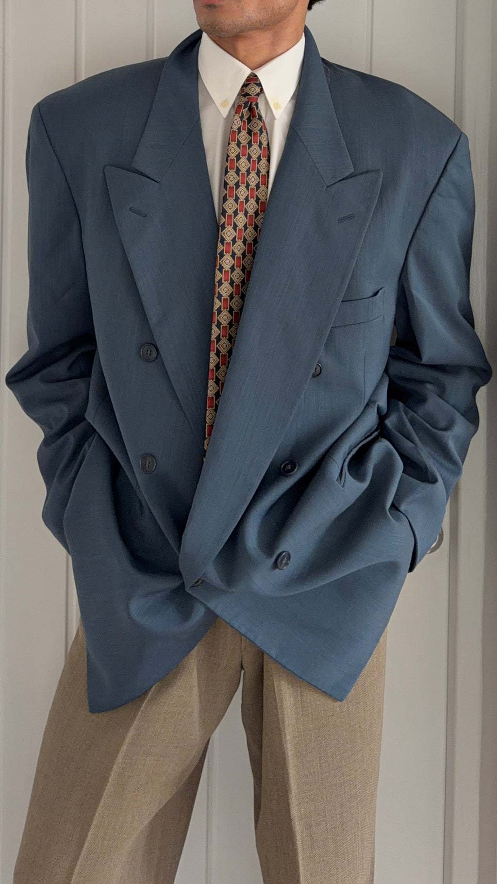 Louis Feraud Armani 1980s Peaked Lapel Double Breasted Wool Blue Sport Jacket Blazer - Size XXXL