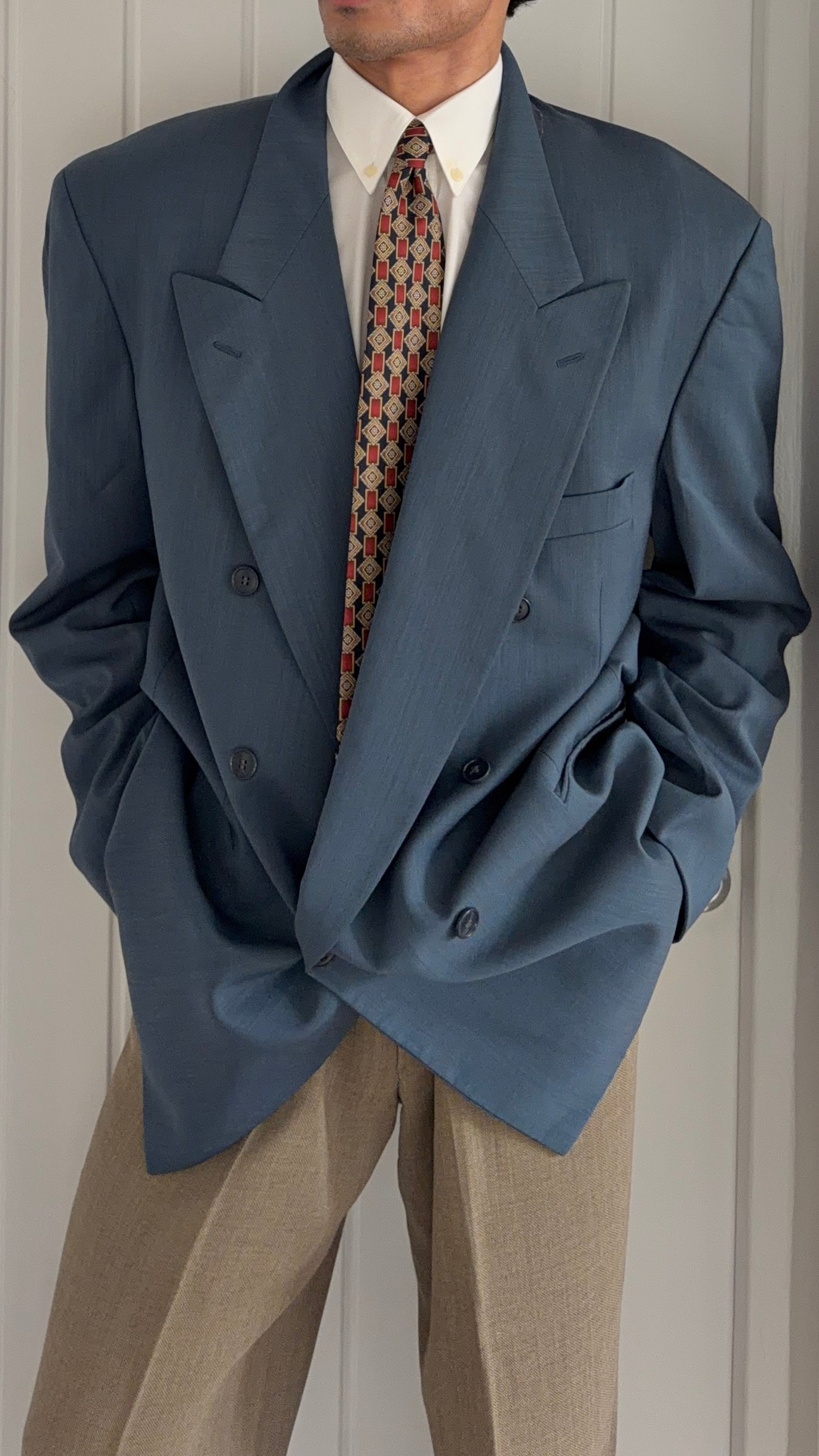 Louis Feraud Armani 1980s Peaked Lapel Double Breasted Wool Blue Sport Jacket Blazer - Size XXXL