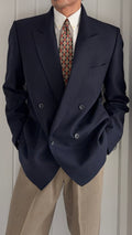Louis Feraud Armani 1980s Peaked Lapel Double Breasted Wool Navy Sport Jacket Blazer - Size L