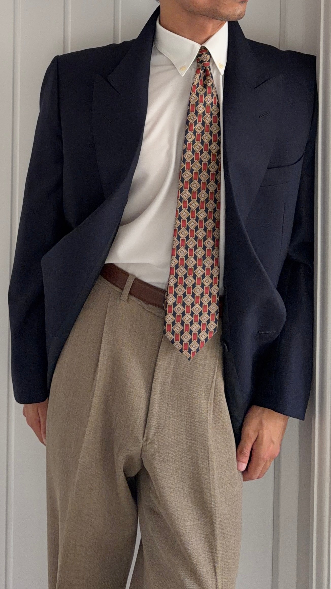 Louis Feraud Armani 1980s Peaked Lapel Double Breasted Wool Navy Sport Jacket Blazer - Size L