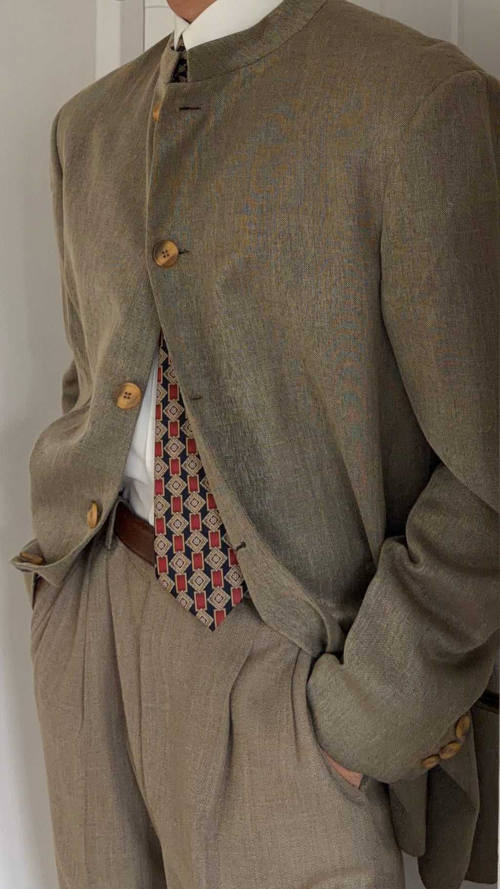 Giorgio Armani 1980s Nehru Collar Jacket Taupe Olive Brown - Size L