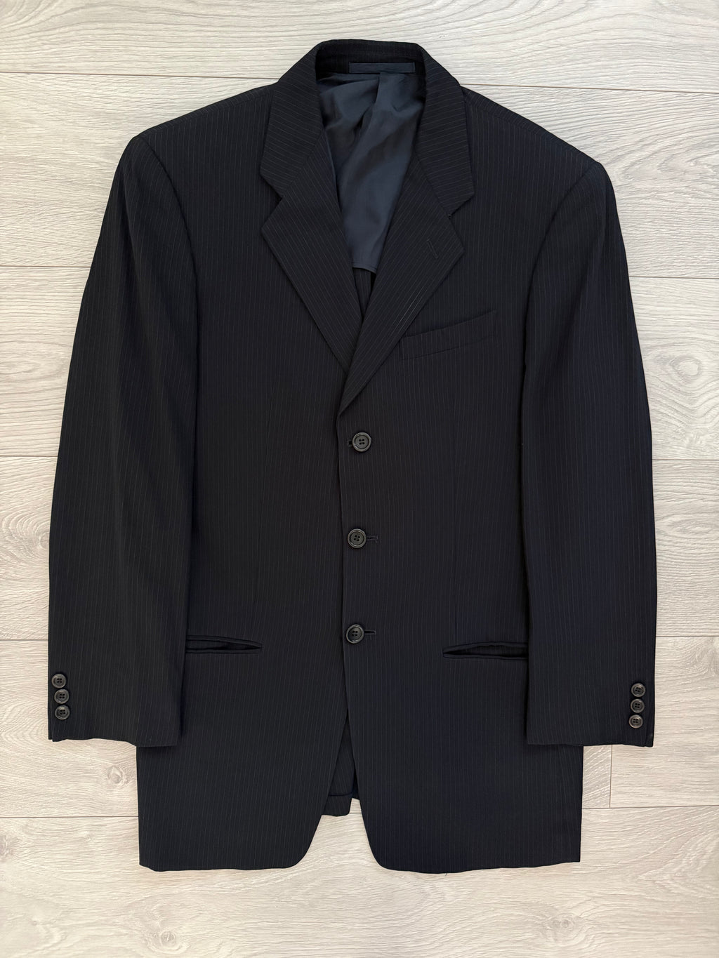 Armani 1990s 3B Lightweight Pinstripe Pleated Draped Wool Suit Dark Navy - Size M Jacket / 32" Waist