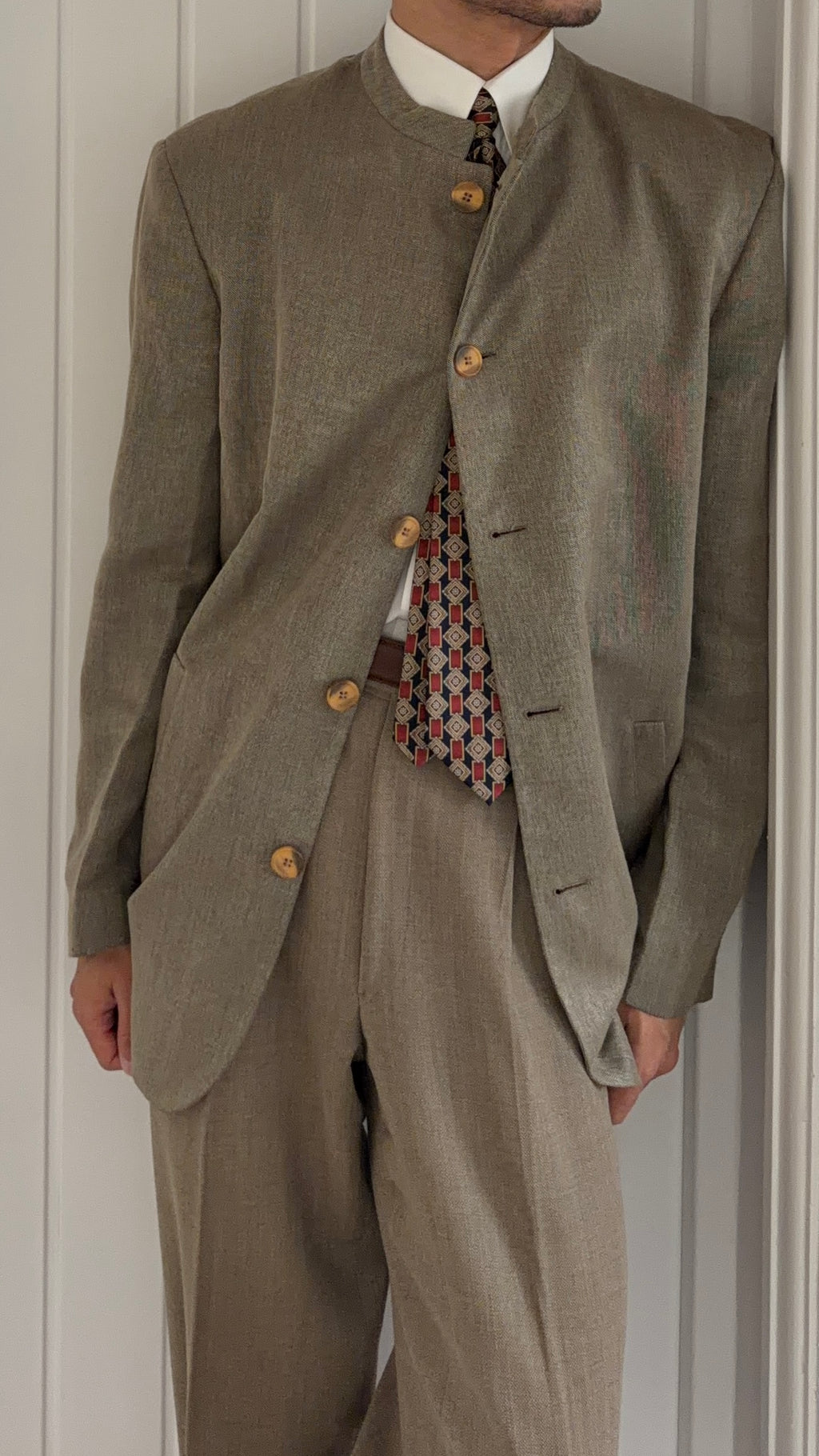 Giorgio Armani 1980s Nehru Collar Jacket Taupe Olive Brown - Size L