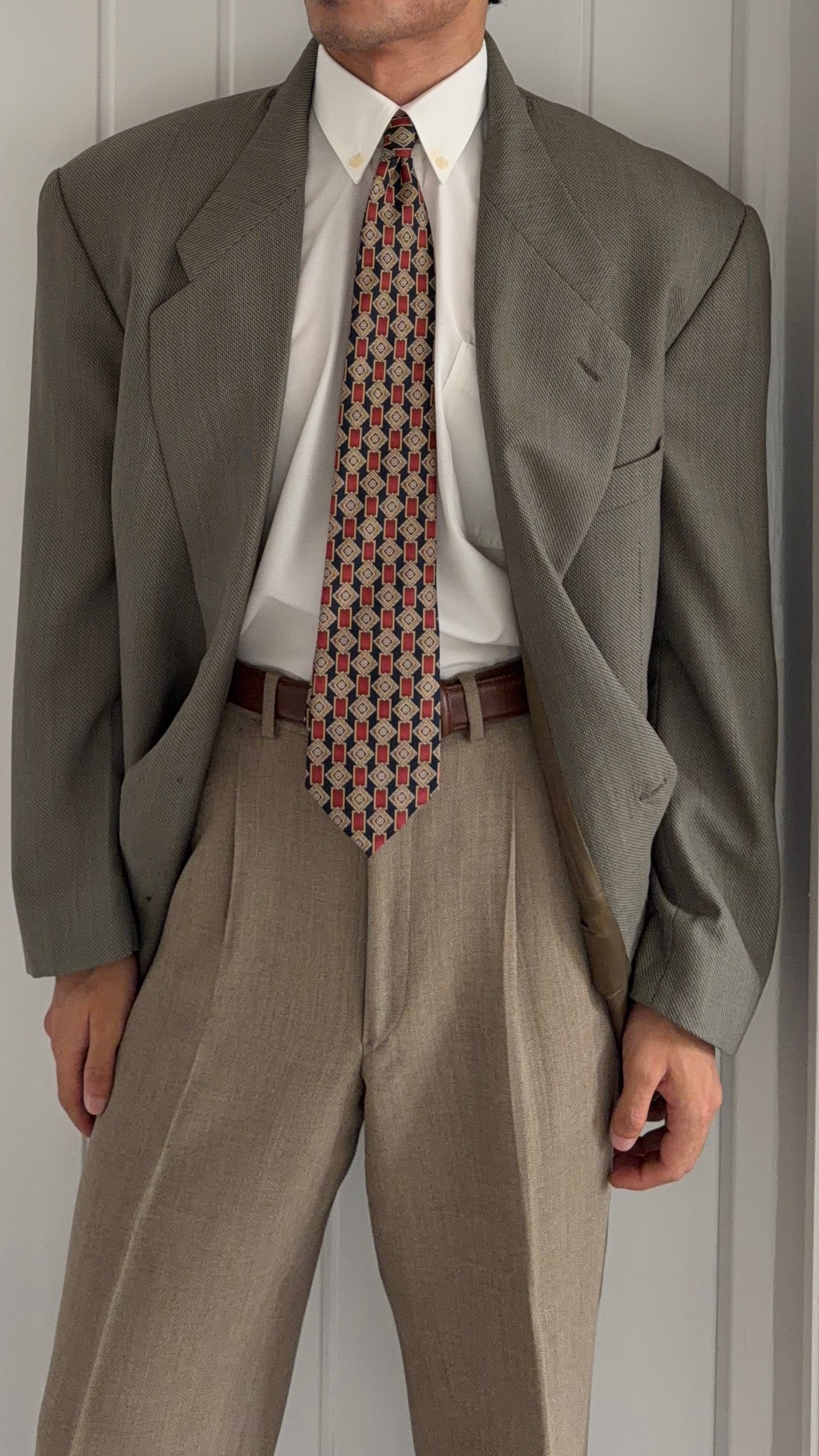 Giorgio Armani 1980s 2B Taupe Sage Olive Wool Textured Sport Jacket Blazer - Size XL