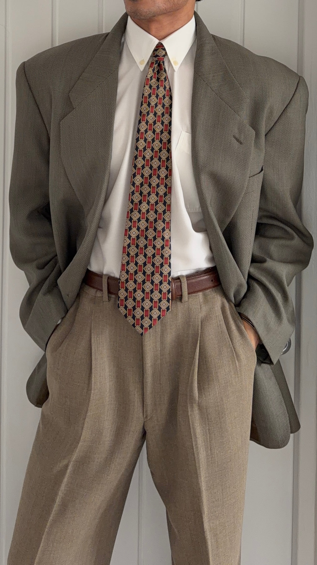 Giorgio Armani 1980s 2B Taupe Sage Olive Wool Textured Sport Jacket Blazer - Size XL
