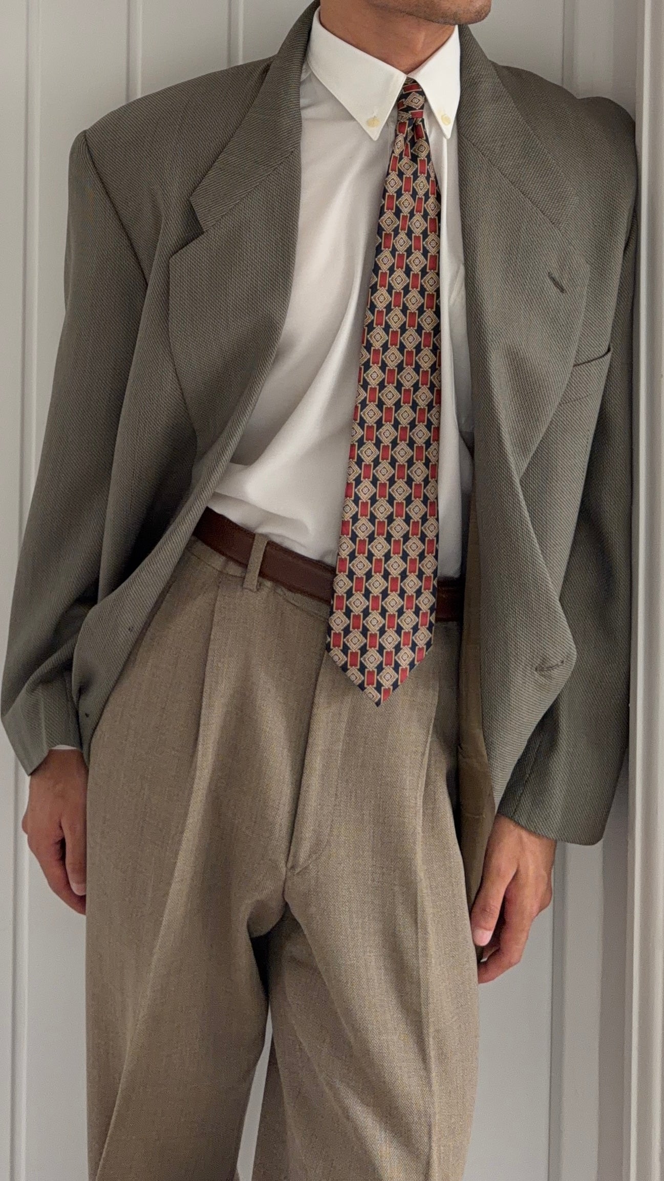 Giorgio Armani 1980s 2B Taupe Sage Olive Wool Textured Sport Jacket Blazer - Size XL