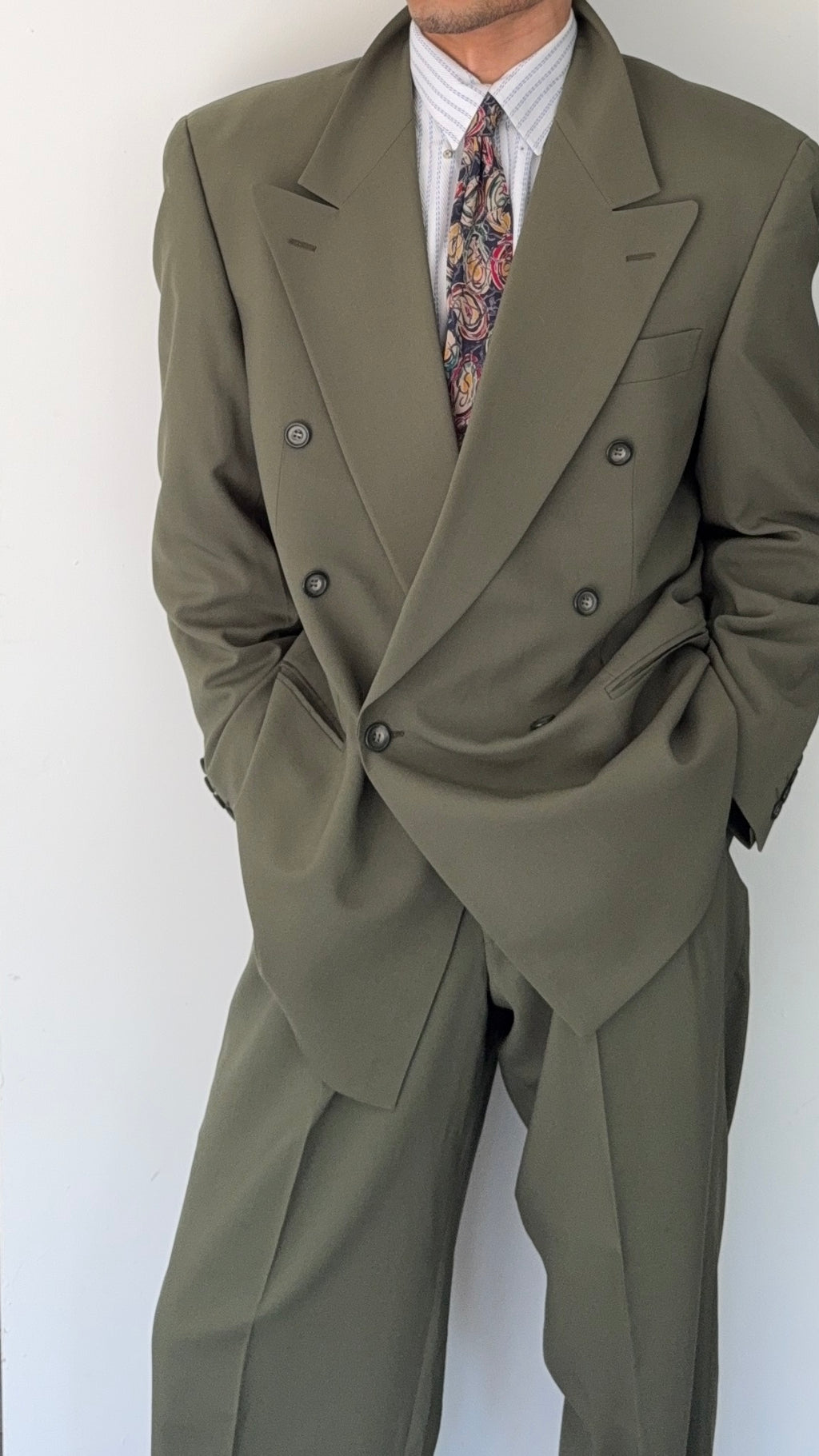 Vintage 1980s Double Breasted Peaked Lapel Pleated Green Suit & Tie - Size XL Jacket / 34" Waist
