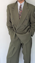 Vintage 1980s Double Breasted Peaked Lapel Pleated Green Suit & Tie - Size XL Jacket / 34" Waist