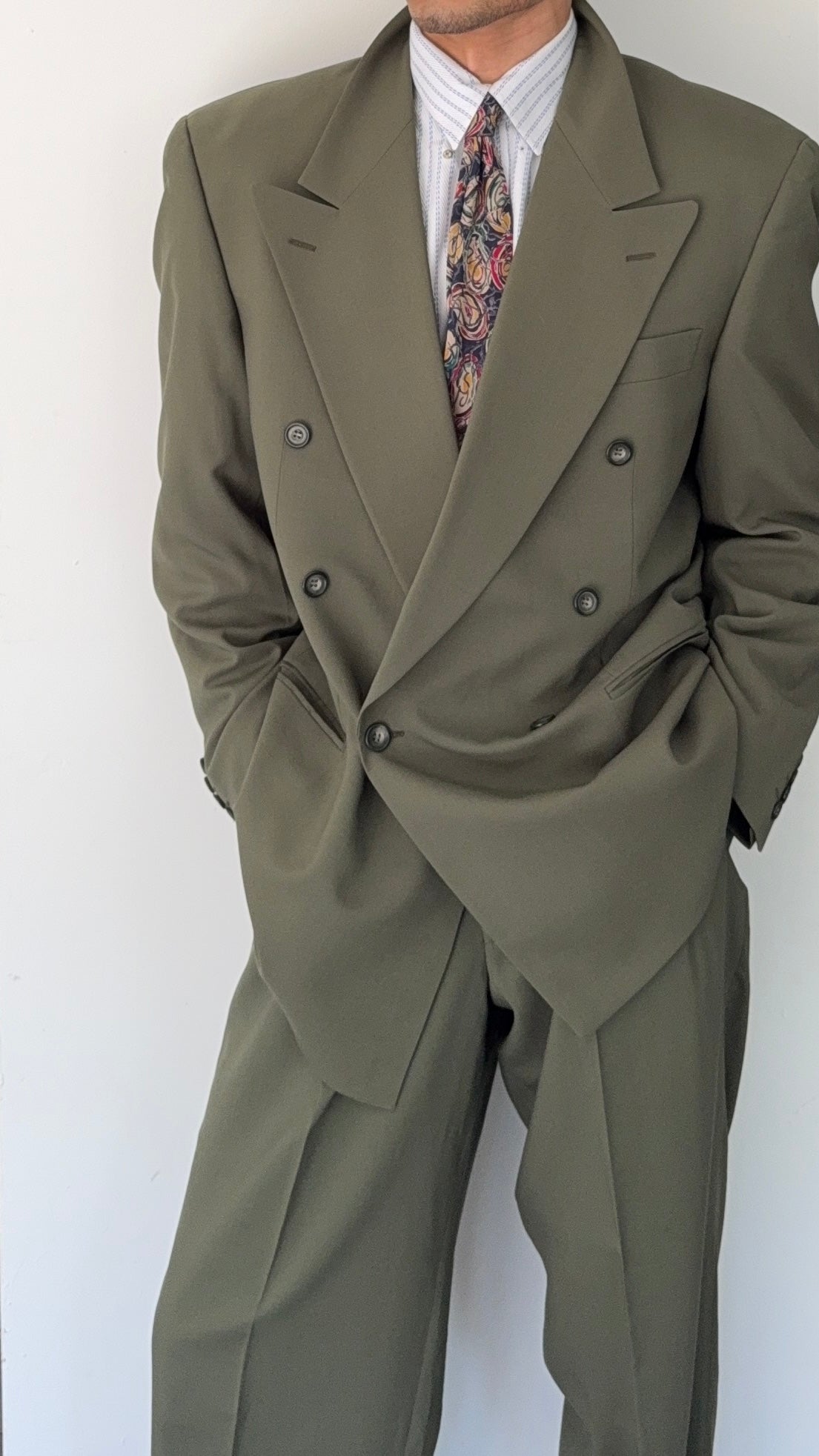 Vintage 1980s Double Breasted Peaked Lapel Pleated Green Suit & Tie - Size XL Jacket / 34" Waist