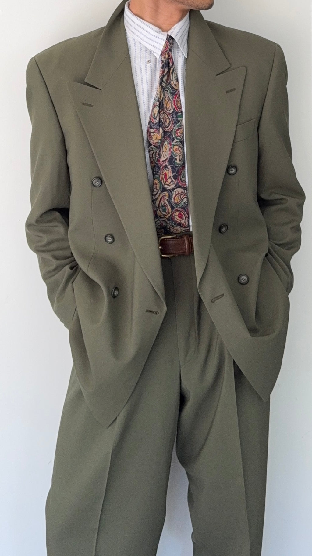 Vintage 1980s Double Breasted Peaked Lapel Pleated Green Suit & Tie - Size XL Jacket / 34" Waist