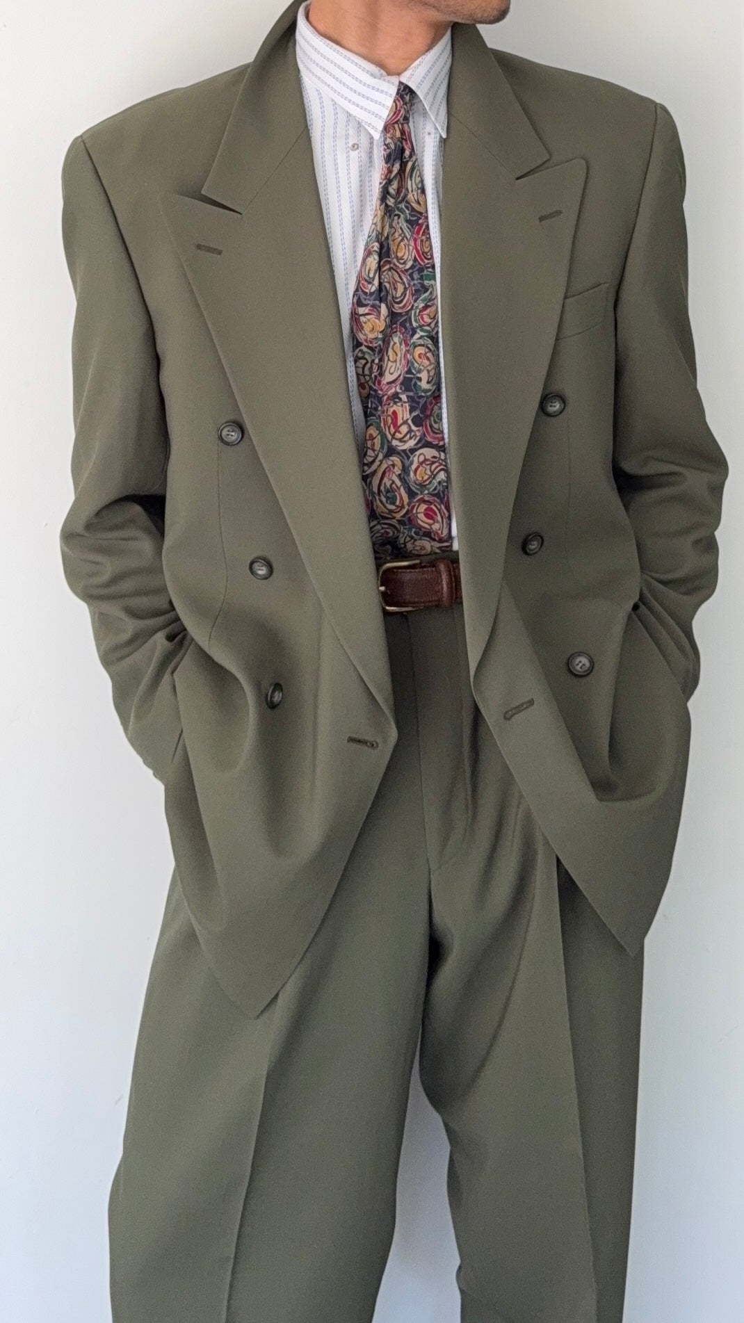 Vintage 1980s Double Breasted Peaked Lapel Pleated Green Suit & Tie - Size XL Jacket / 34" Waist