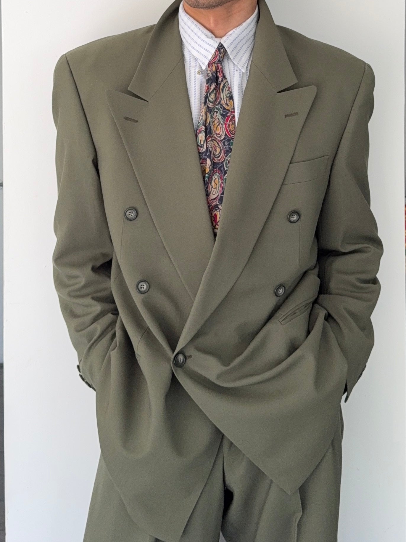 Vintage 1980s Double Breasted Peaked Lapel Pleated Green Suit & Tie - Size XL Jacket / 34" Waist