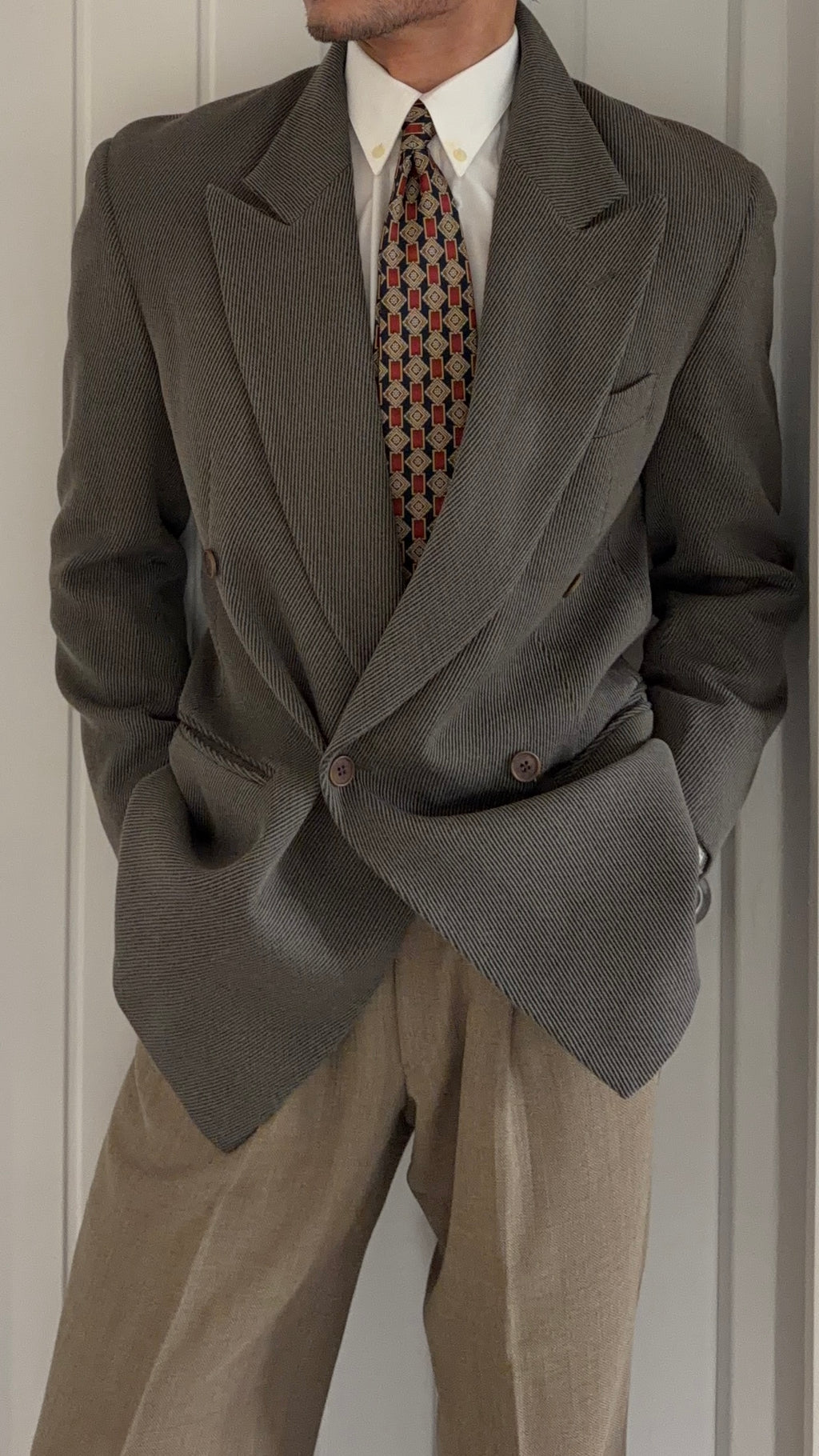 Emporio Armani 1990s Peaked Lapel Double Breasted Draped Wool Textured Twill Sport Jacket Blazer - Size S