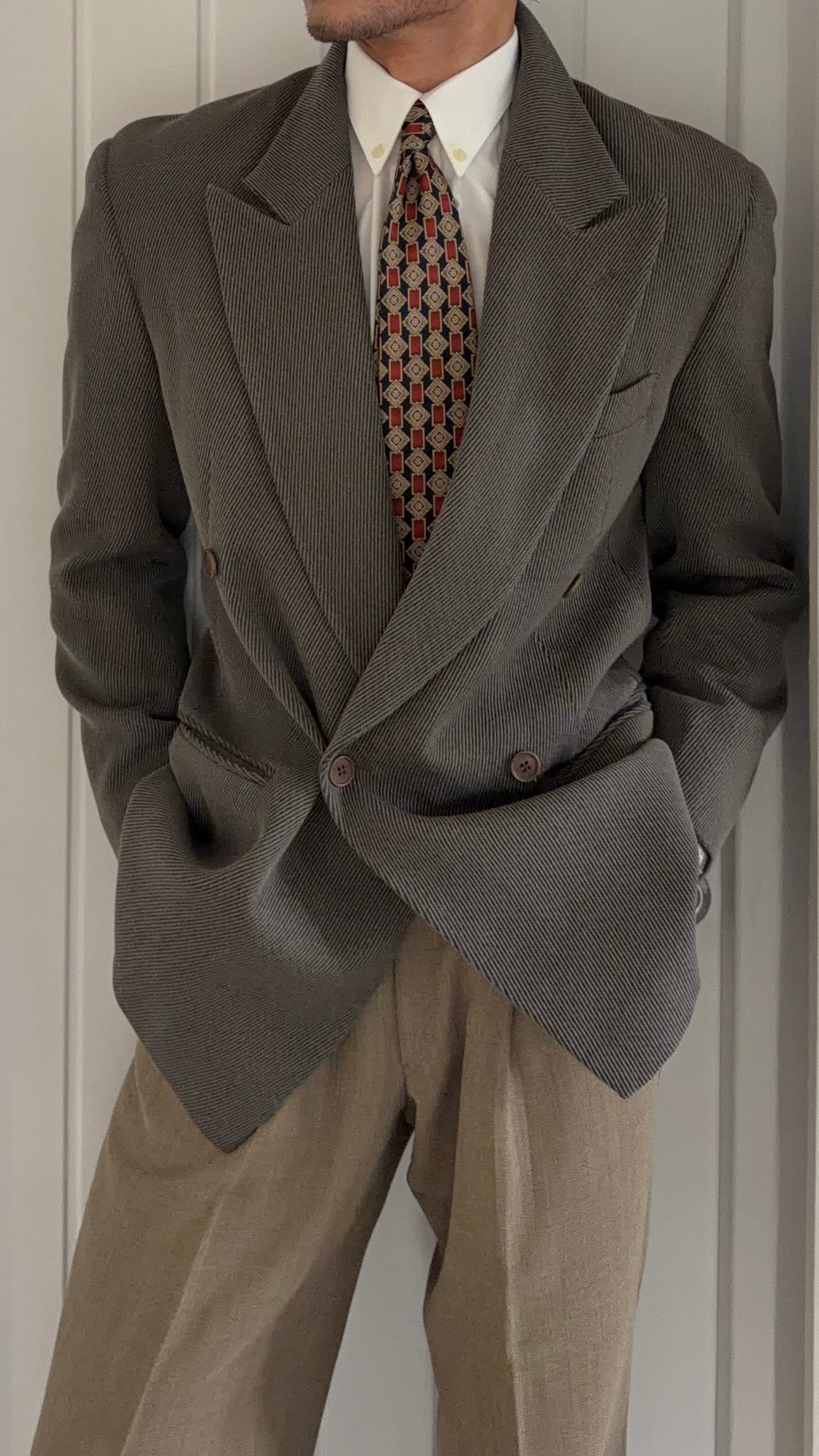Emporio Armani 1990s Peaked Lapel Double Breasted Draped Wool Textured Twill Sport Jacket Blazer - Size S