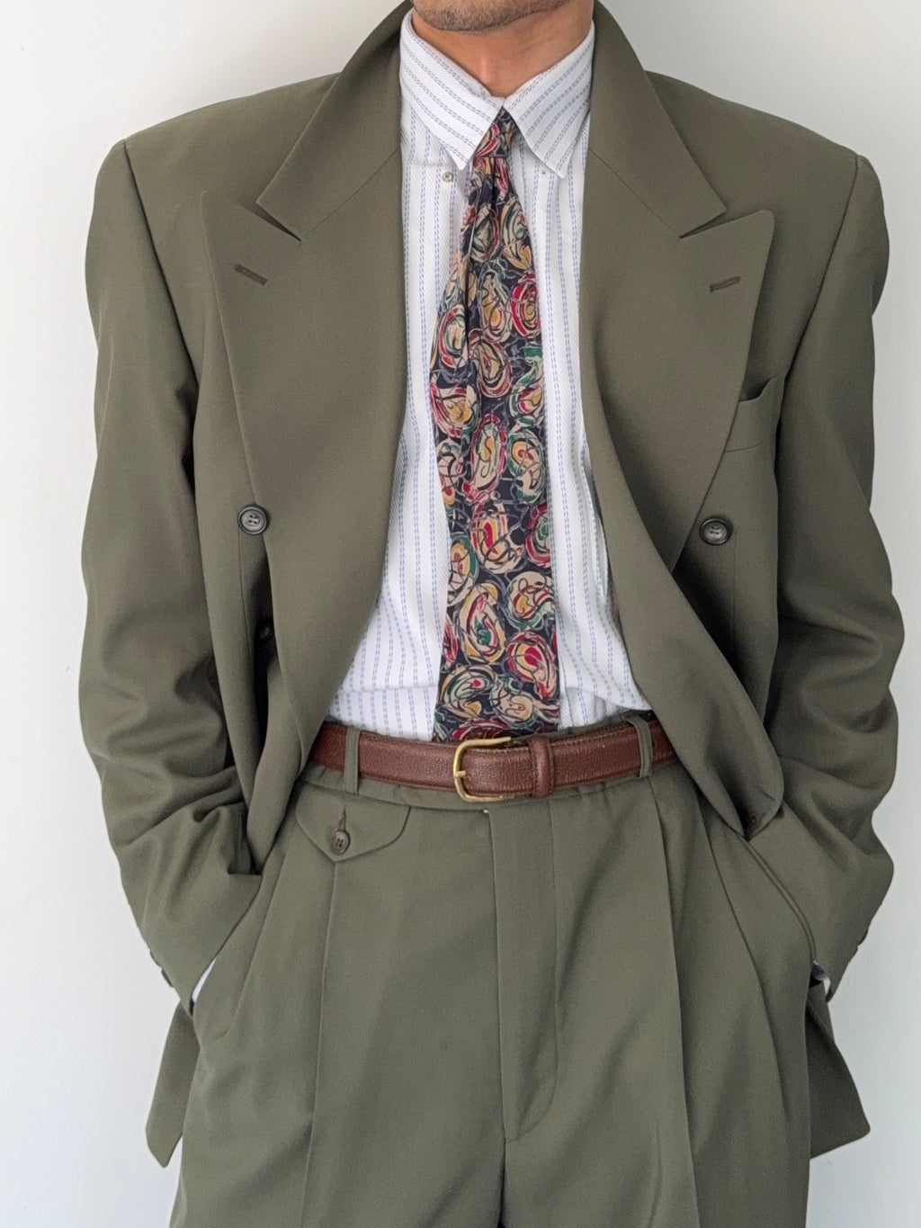 Vintage 1980s Double Breasted Peaked Lapel Pleated Green Suit & Tie - Size XL Jacket / 34" Waist