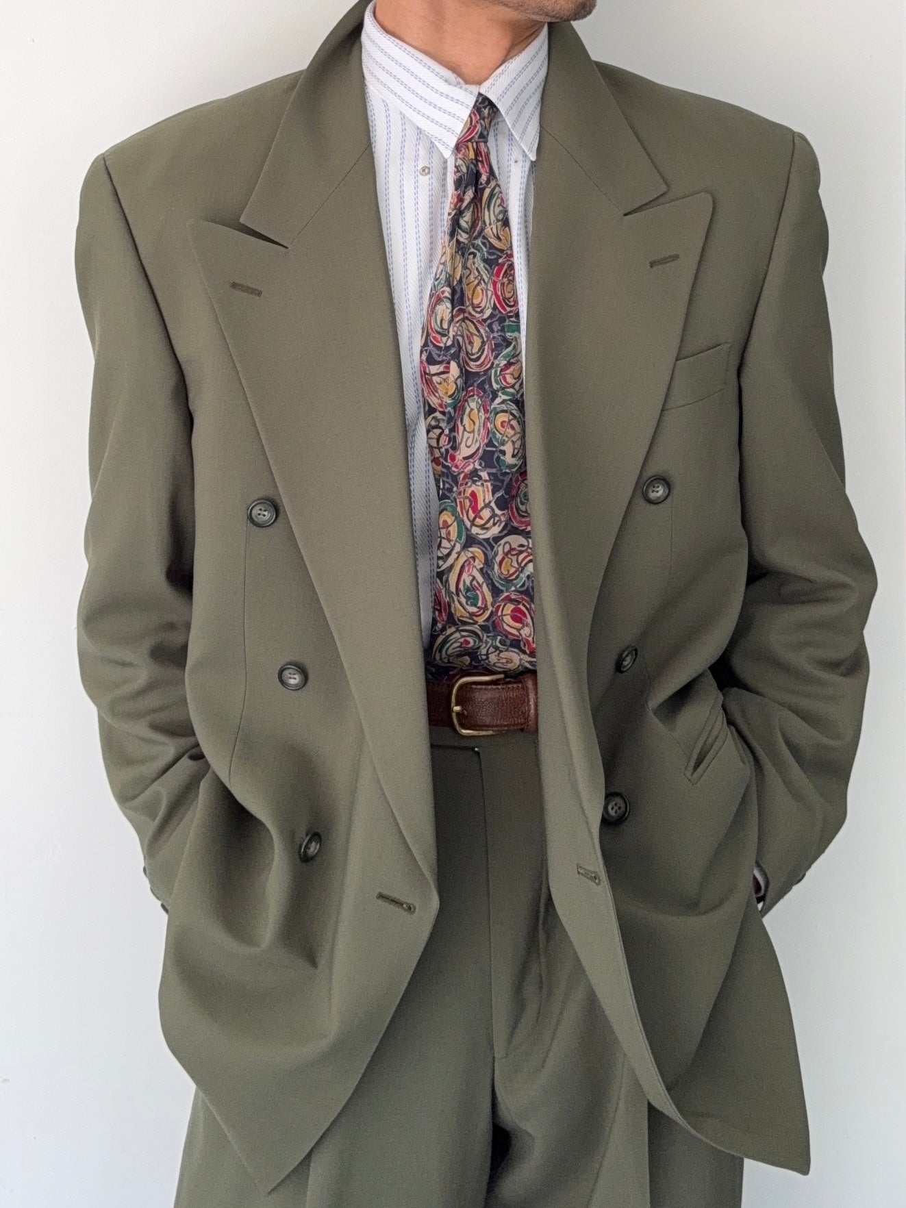 Vintage 1980s Double Breasted Peaked Lapel Pleated Green Suit & Tie - Size XL Jacket / 34" Waist