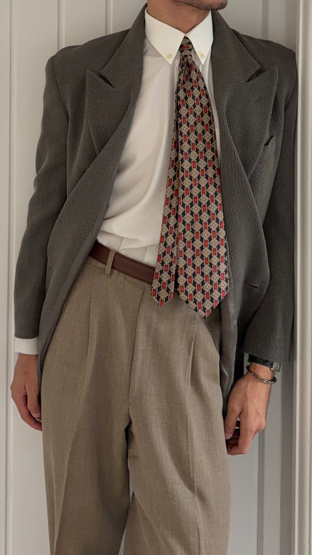Emporio Armani 1990s Peaked Lapel Double Breasted Draped Wool Textured Twill Sport Jacket Blazer - Size S