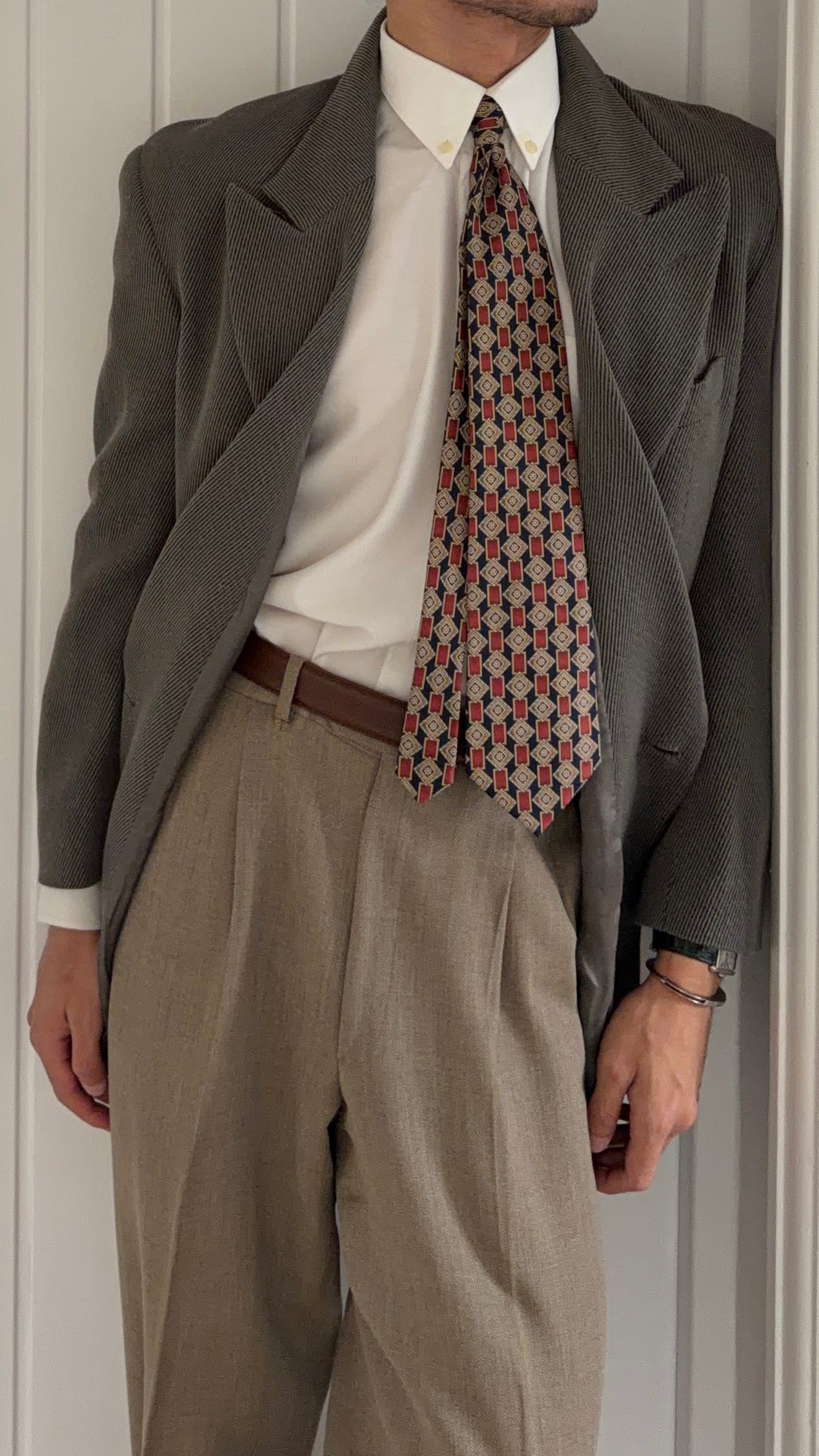 Emporio Armani 1990s Peaked Lapel Double Breasted Draped Wool Textured Twill Sport Jacket Blazer - Size S