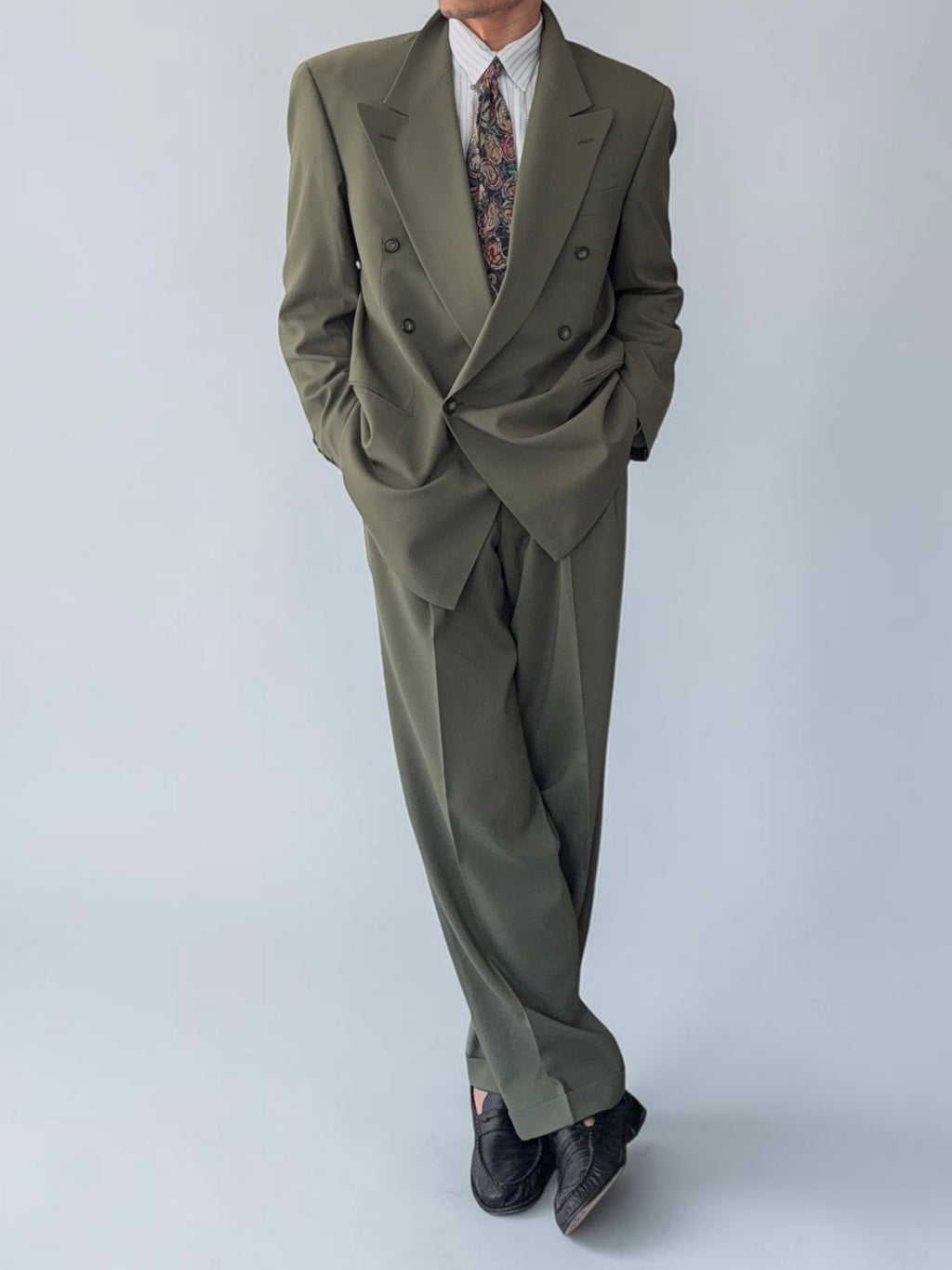 Vintage 1980s Double Breasted Peaked Lapel Pleated Green Suit & Tie - Size XL Jacket / 34" Waist