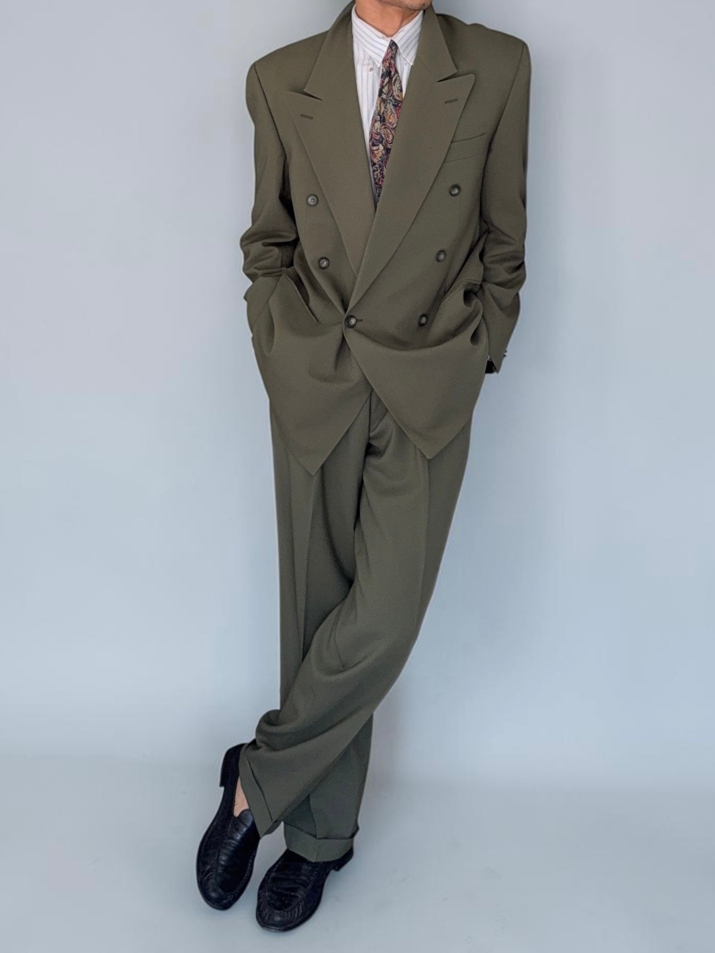 Vintage 1980s Double Breasted Peaked Lapel Pleated Green Suit & Tie - Size XL Jacket / 34" Waist