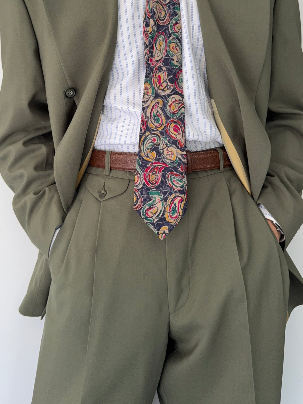 Vintage 1980s Double Breasted Peaked Lapel Pleated Green Suit & Tie - Size XL Jacket / 34" Waist