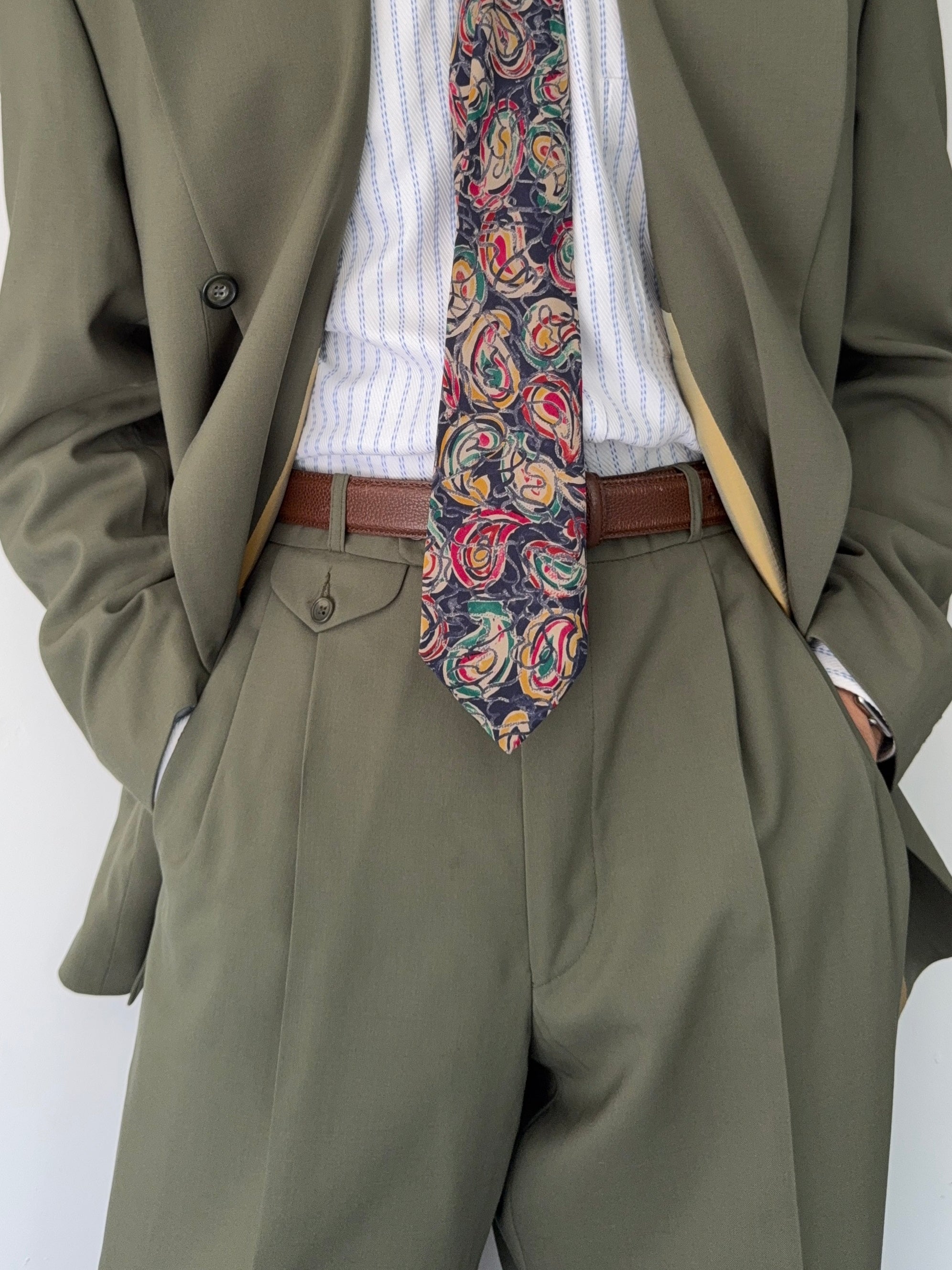 Vintage 1980s Double Breasted Peaked Lapel Pleated Green Suit & Tie - Size XL Jacket / 34" Waist