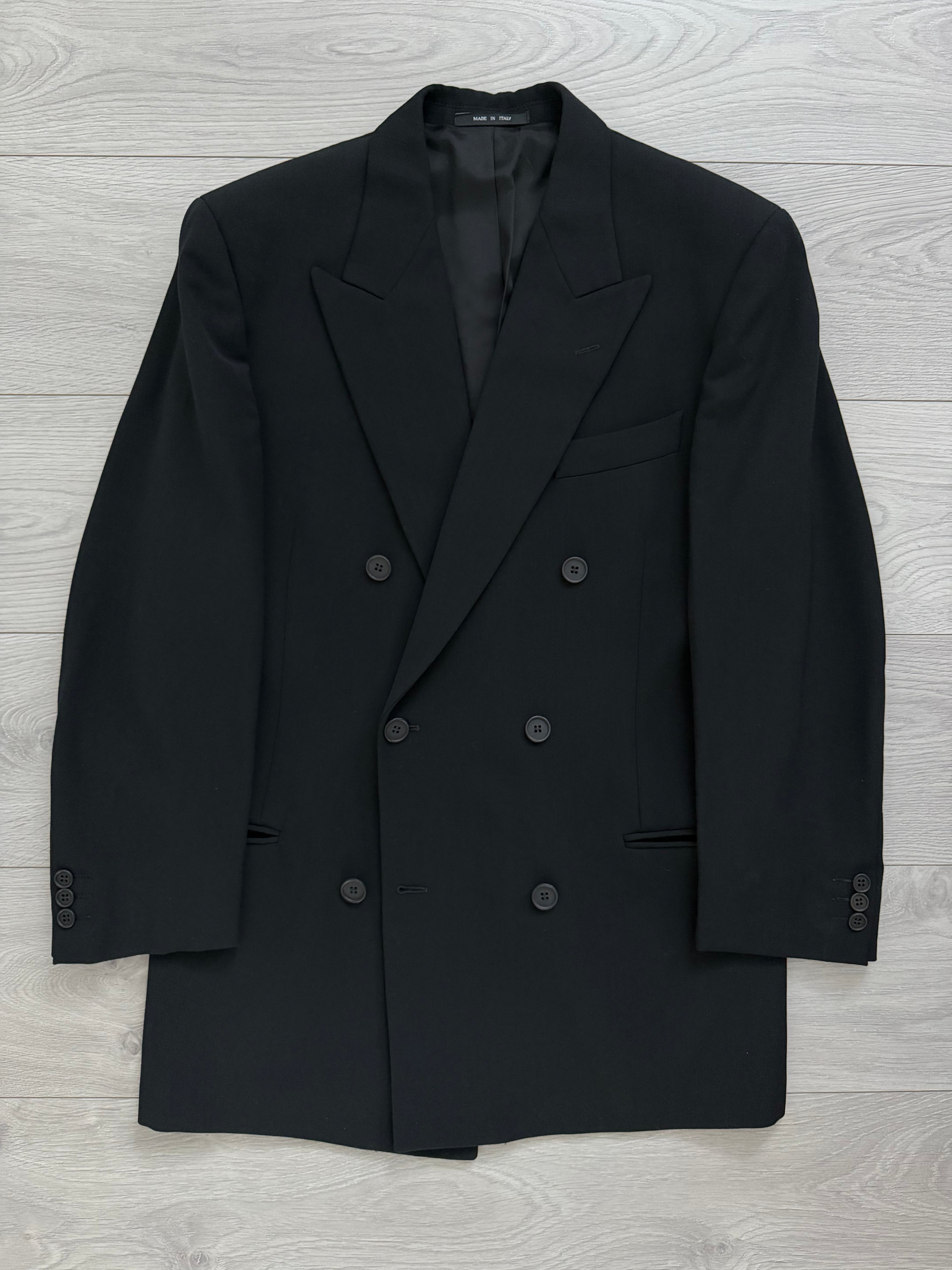 Emporio Armani 1990s Peaked Lapel Double Breasted Pleated Draped Wool Suit Black - Size S Jacket / 31" Waist