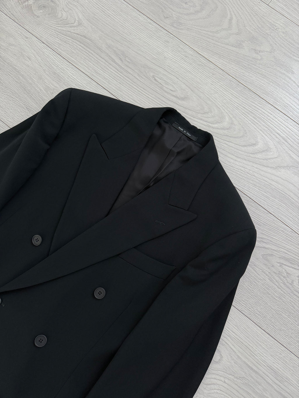 Emporio Armani 1990s Peaked Lapel Double Breasted Pleated Draped Wool Suit Black - Size S Jacket / 31" Waist