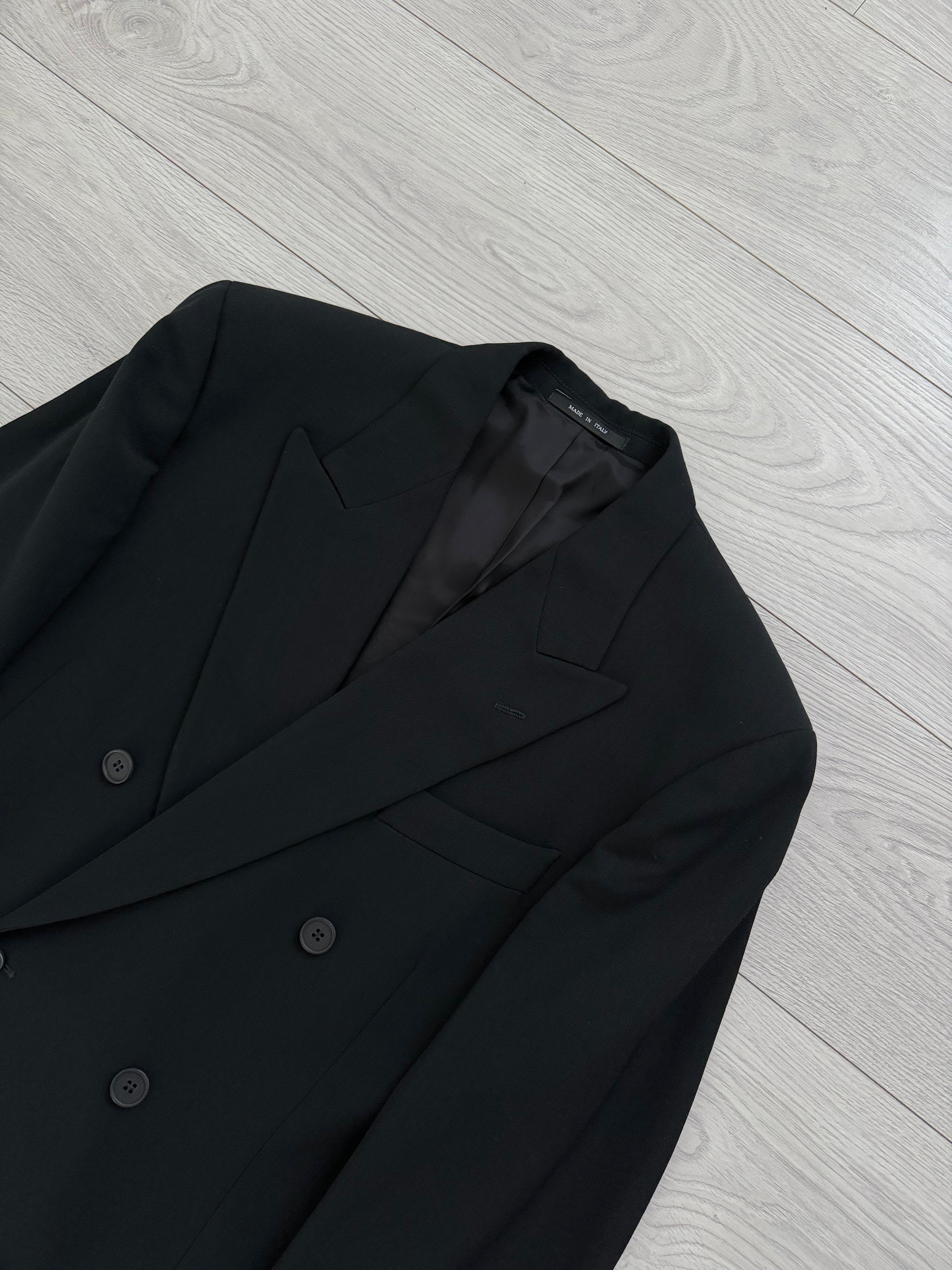 Emporio Armani 1990s Peaked Lapel Double Breasted Pleated Draped Wool Suit Black - Size S Jacket / 31" Waist