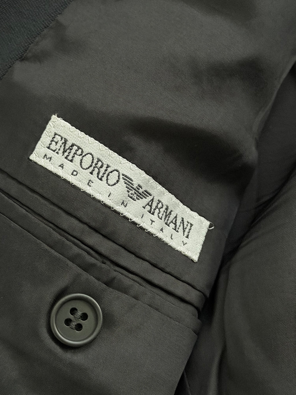 Emporio Armani 1990s Peaked Lapel Double Breasted Pleated Draped Wool Suit Black - Size S Jacket / 31" Waist