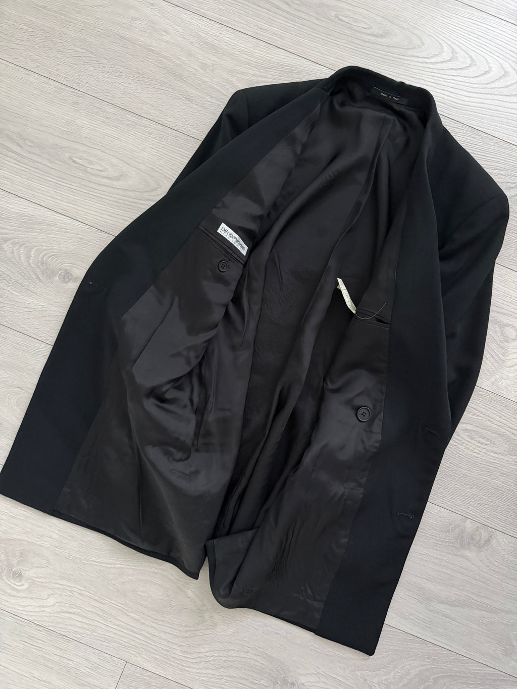 Emporio Armani 1990s Peaked Lapel Double Breasted Pleated Draped Wool Suit Black - Size S Jacket / 31" Waist