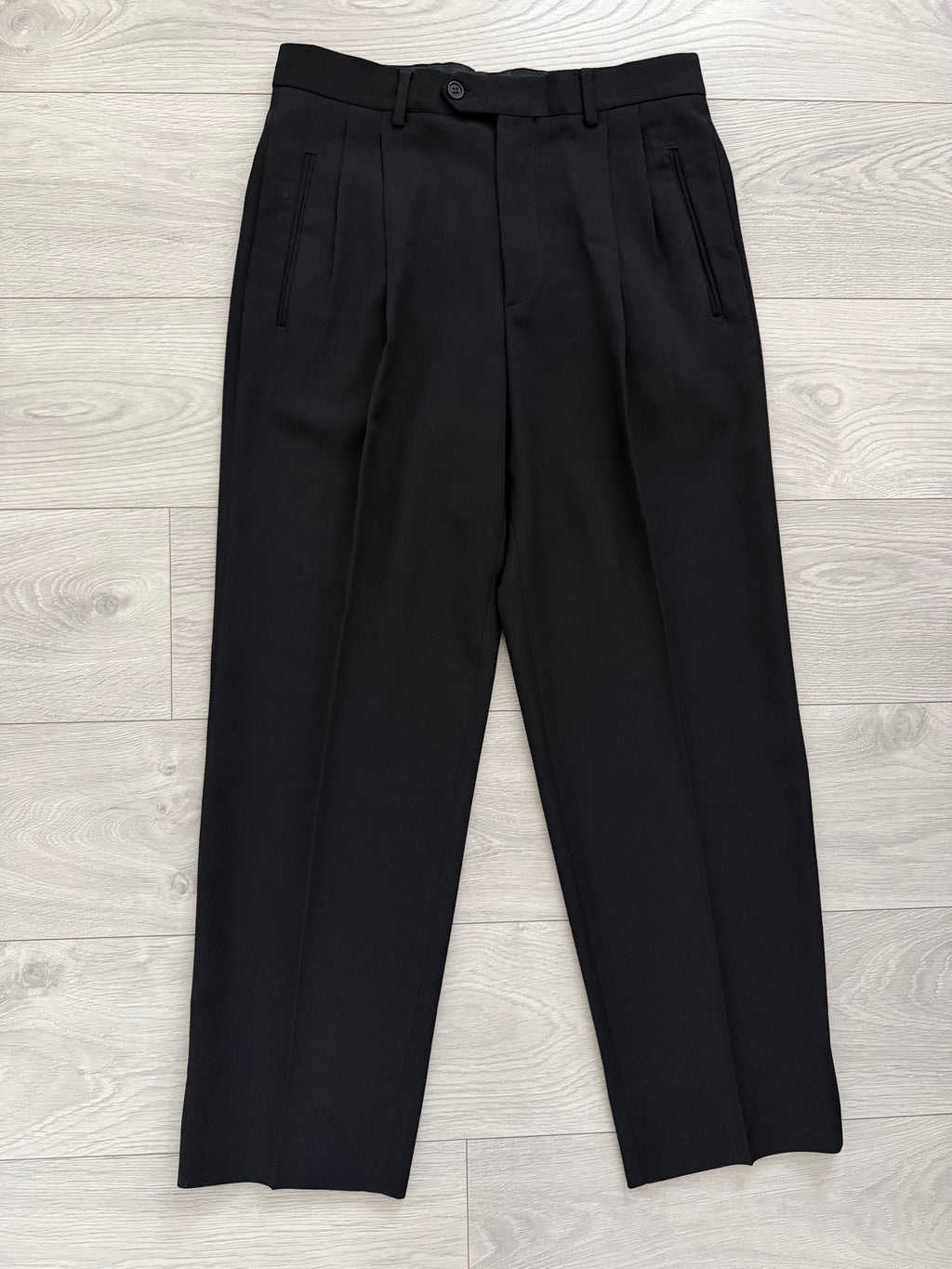 Emporio Armani 1990s Peaked Lapel Double Breasted Pleated Draped Wool Suit Black - Size S Jacket / 31" Waist