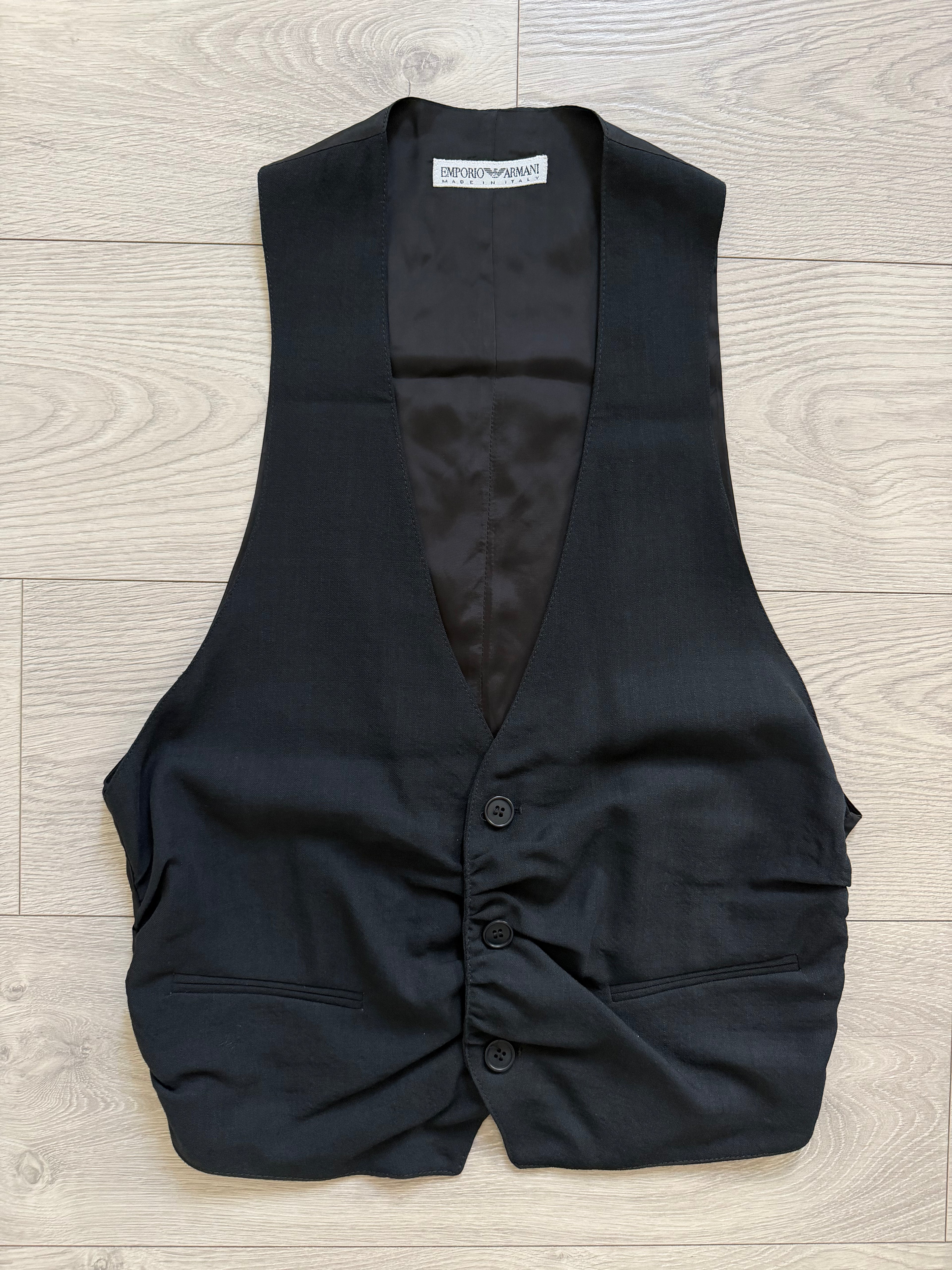 Emporio Armani 1990s Collarless 3-Piece Draped Wool Relaxed Suit - Size XL Jacket / 34" Waist