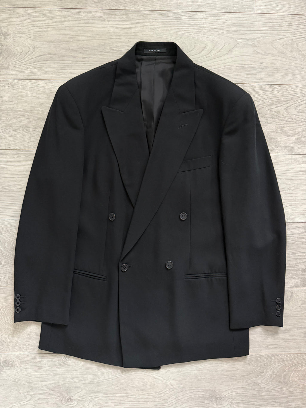Emporio Armani 1990s Peaked Lapel Double Breasted Pleated Draped Wool Suit Black - Size XL Jacket / 37" Waist