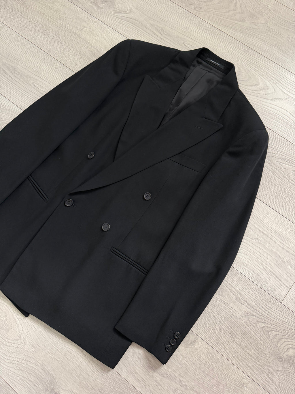 Emporio Armani 1990s Peaked Lapel Double Breasted Pleated Draped Wool Suit Black - Size XL Jacket / 37" Waist
