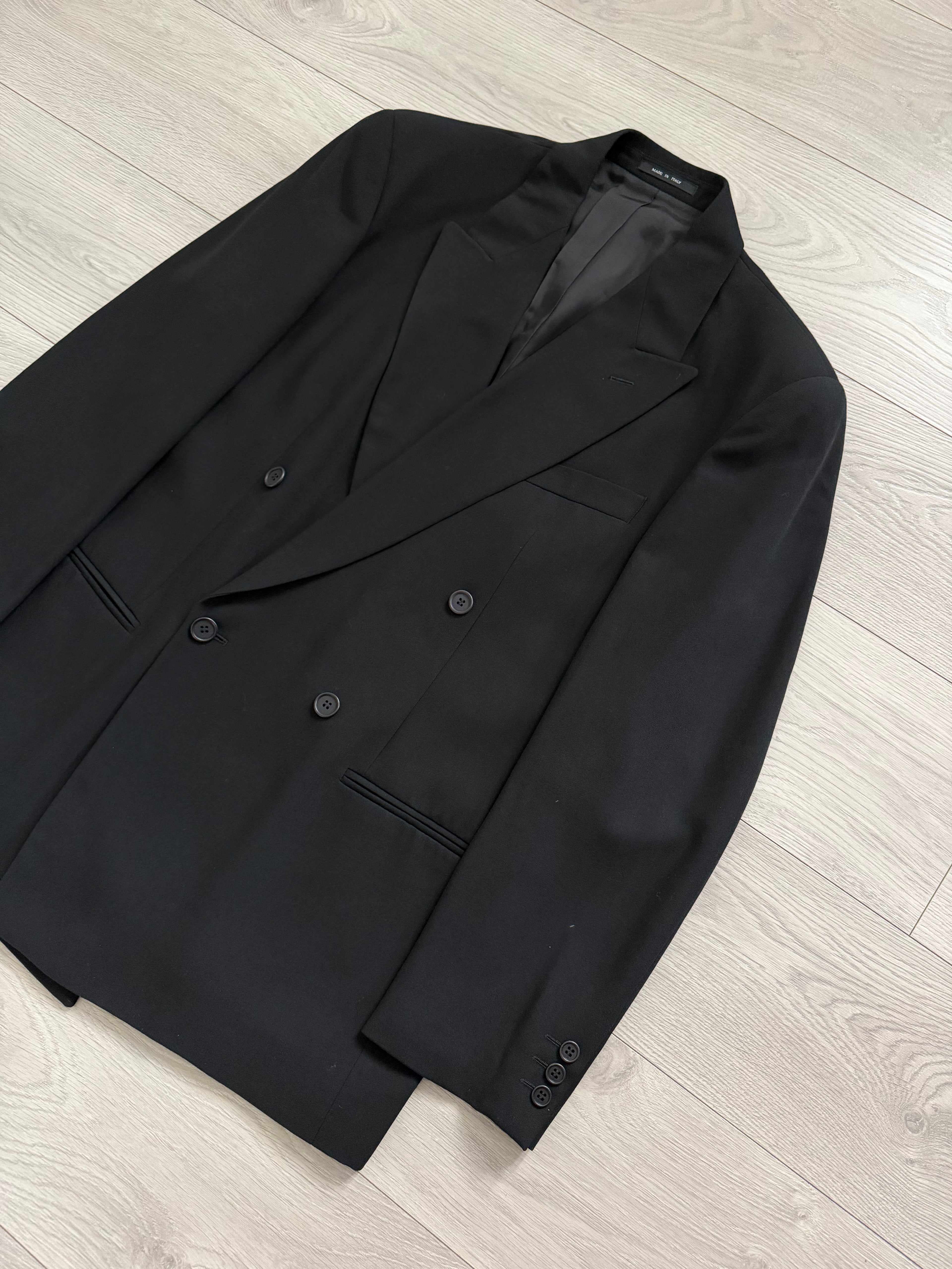 Emporio Armani 1990s Peaked Lapel Double Breasted Pleated Draped Wool Suit Black - Size XL Jacket / 37" Waist