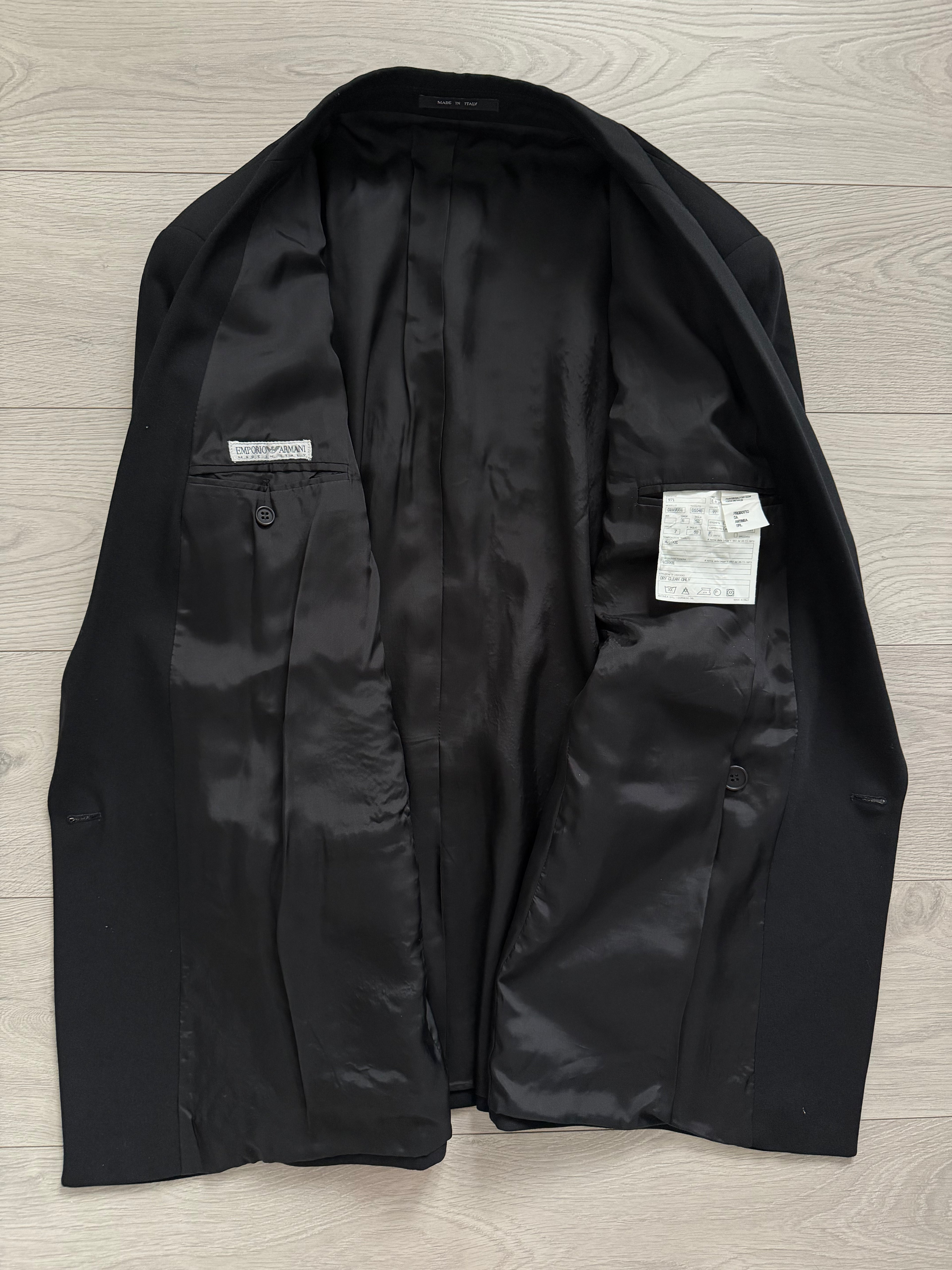 Emporio Armani 1990s Peaked Lapel Double Breasted Pleated Draped Wool Suit Black - Size XL Jacket / 37" Waist