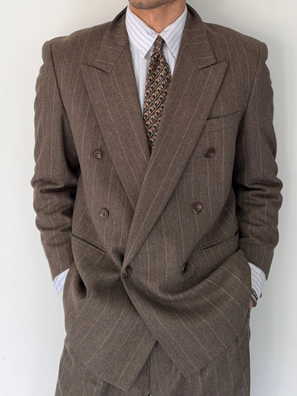 Christian Dior 1980s Peaked Lapel Double Breasted Pleated Wool Suit - Size M Jacket / 32" Waist