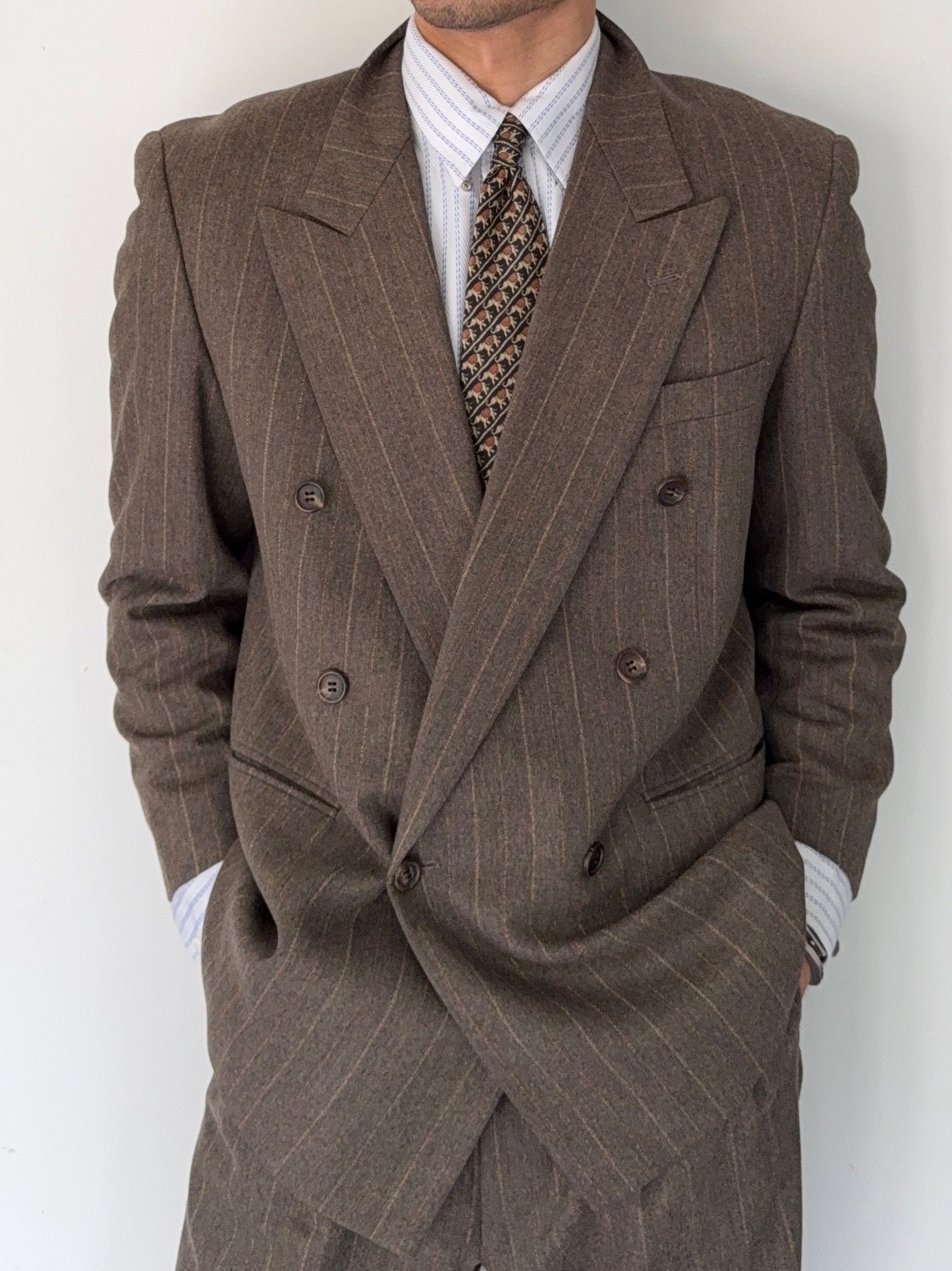 Christian Dior 1980s Peaked Lapel Double Breasted Pleated Wool Suit - Size M Jacket / 32" Waist