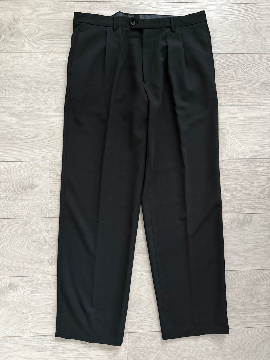 Emporio Armani 1990s Peaked Lapel Double Breasted Pleated Draped Wool Suit Black - Size XL Jacket / 37" Waist