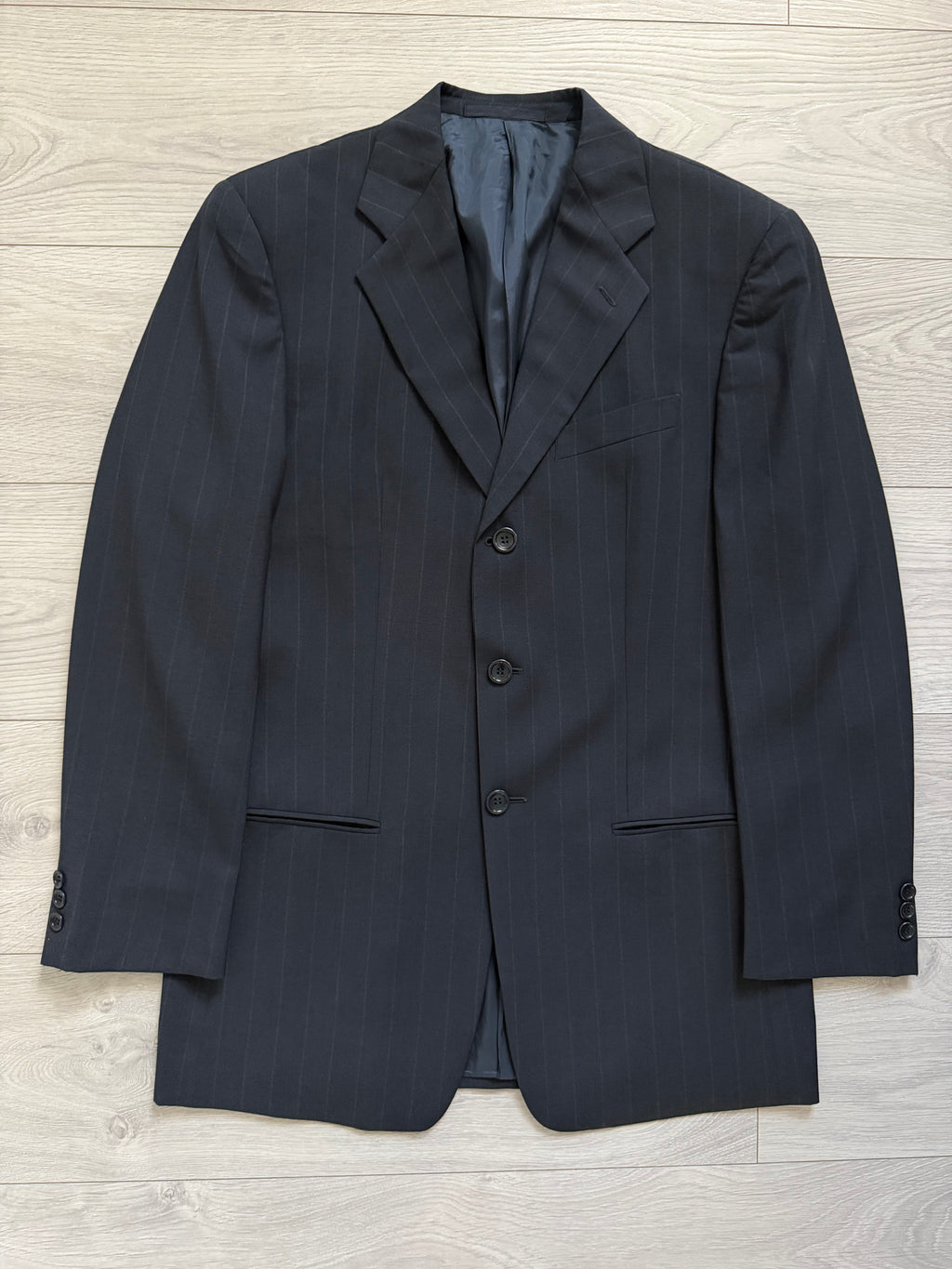 Armani 1990s Pleated 3B Wool Striped Suit Navy Blue- Size S Jacket / 32" Waist