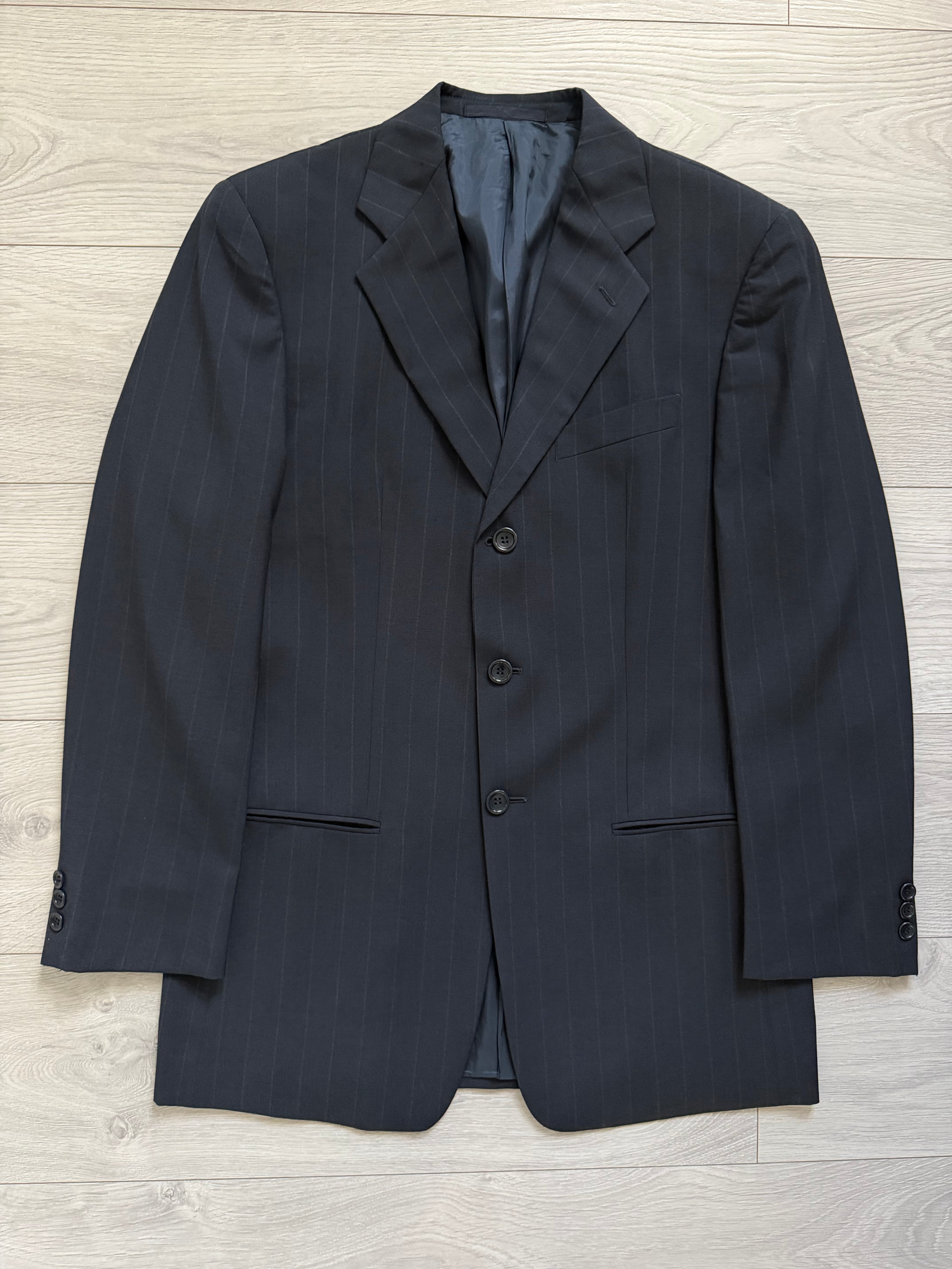 Armani 1990s Pleated 3B Wool Striped Suit Navy Blue- Size S Jacket / 32" Waist