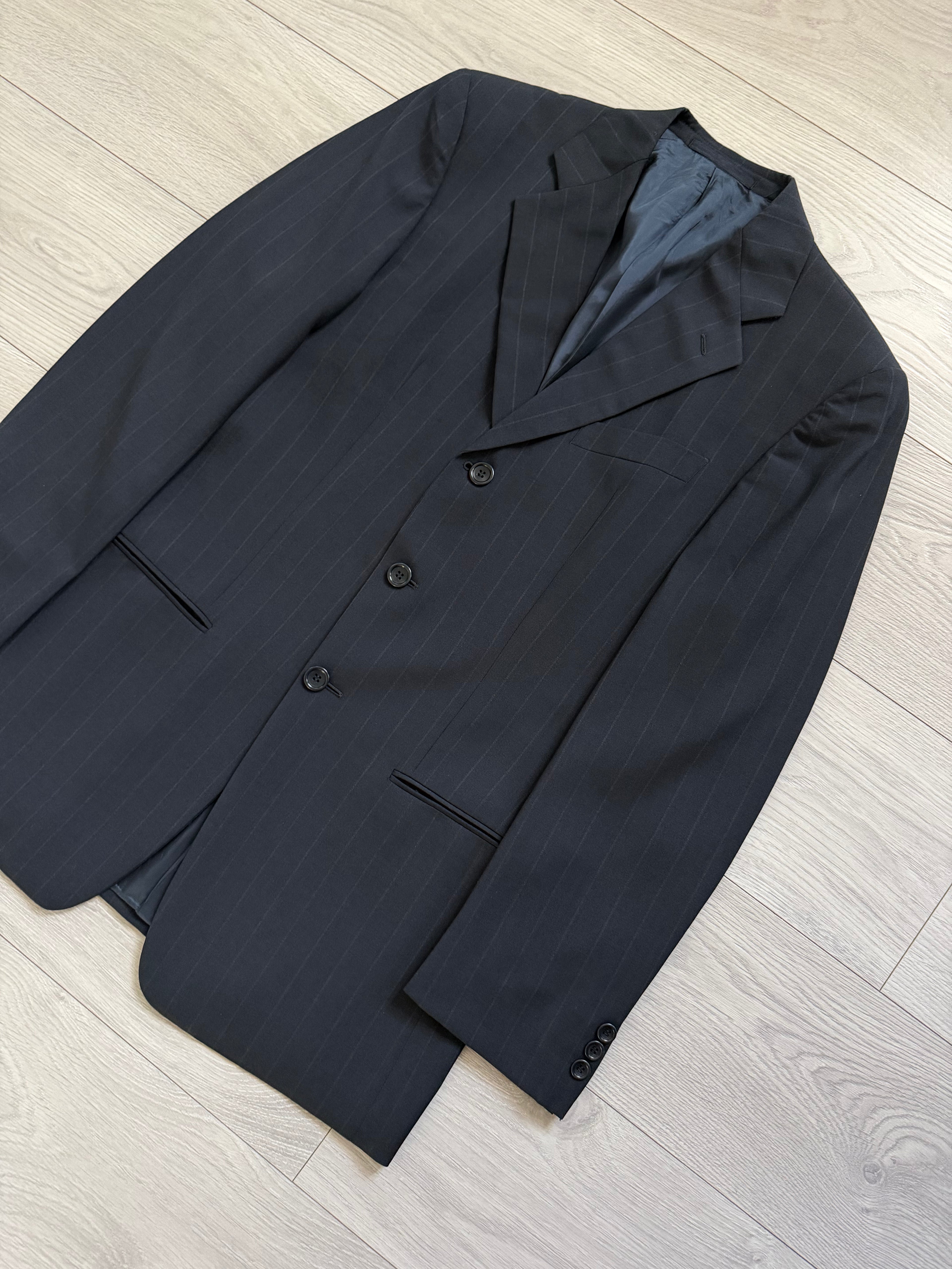 Armani 1990s Pleated 3B Wool Striped Suit Navy Blue- Size S Jacket / 32" Waist