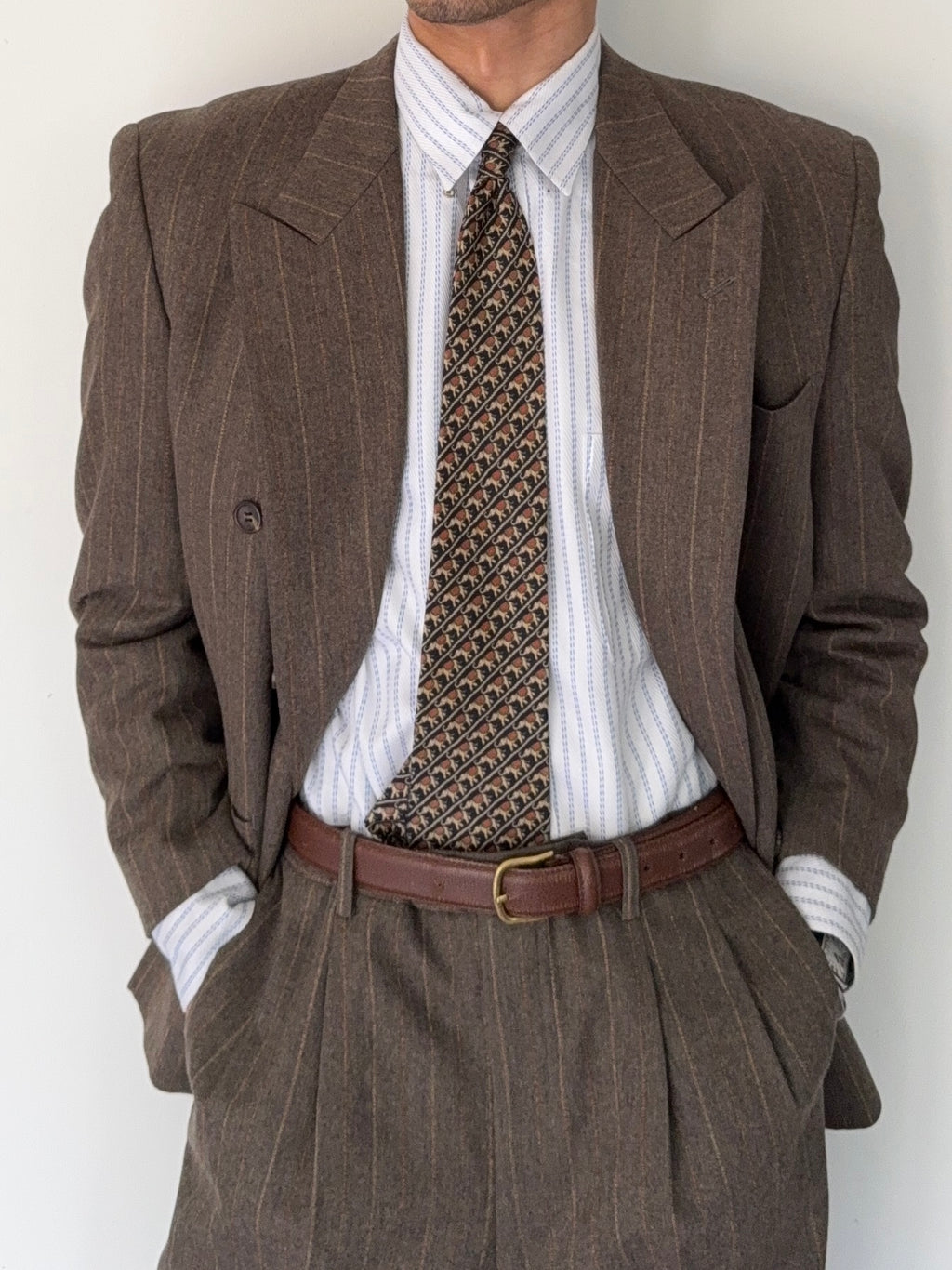 Christian Dior 1980s Peaked Lapel Double Breasted Pleated Wool Suit - Size M Jacket / 32" Waist