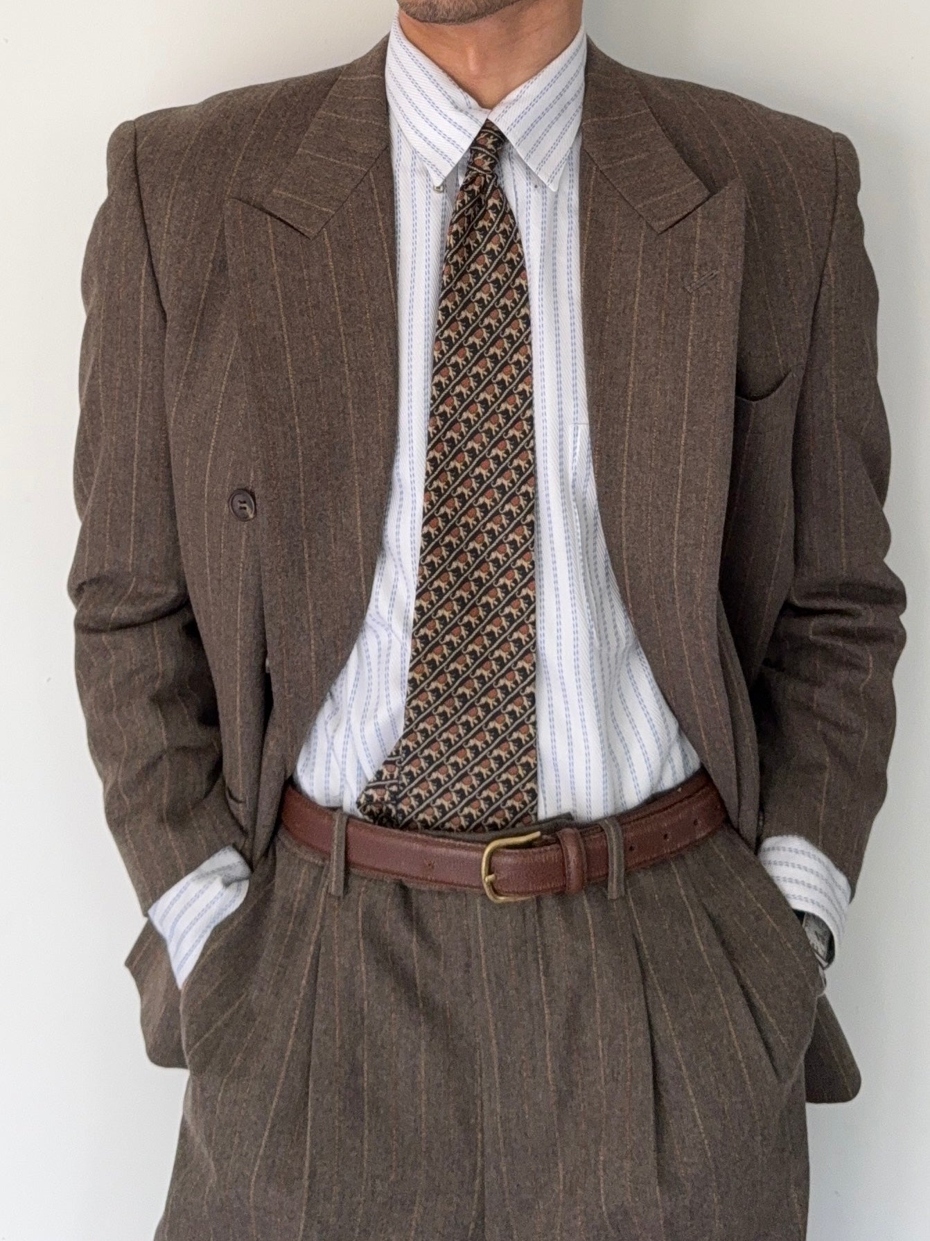 Christian Dior 1980s Peaked Lapel Double Breasted Pleated Wool Suit - Size M Jacket / 32" Waist