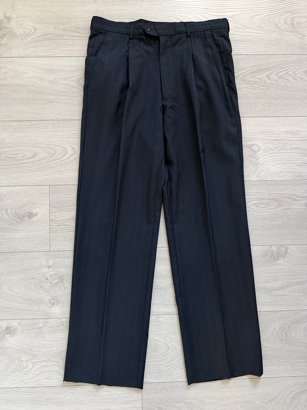Armani 1990s Pleated 3B Wool Striped Suit Navy Blue- Size S Jacket / 32" Waist