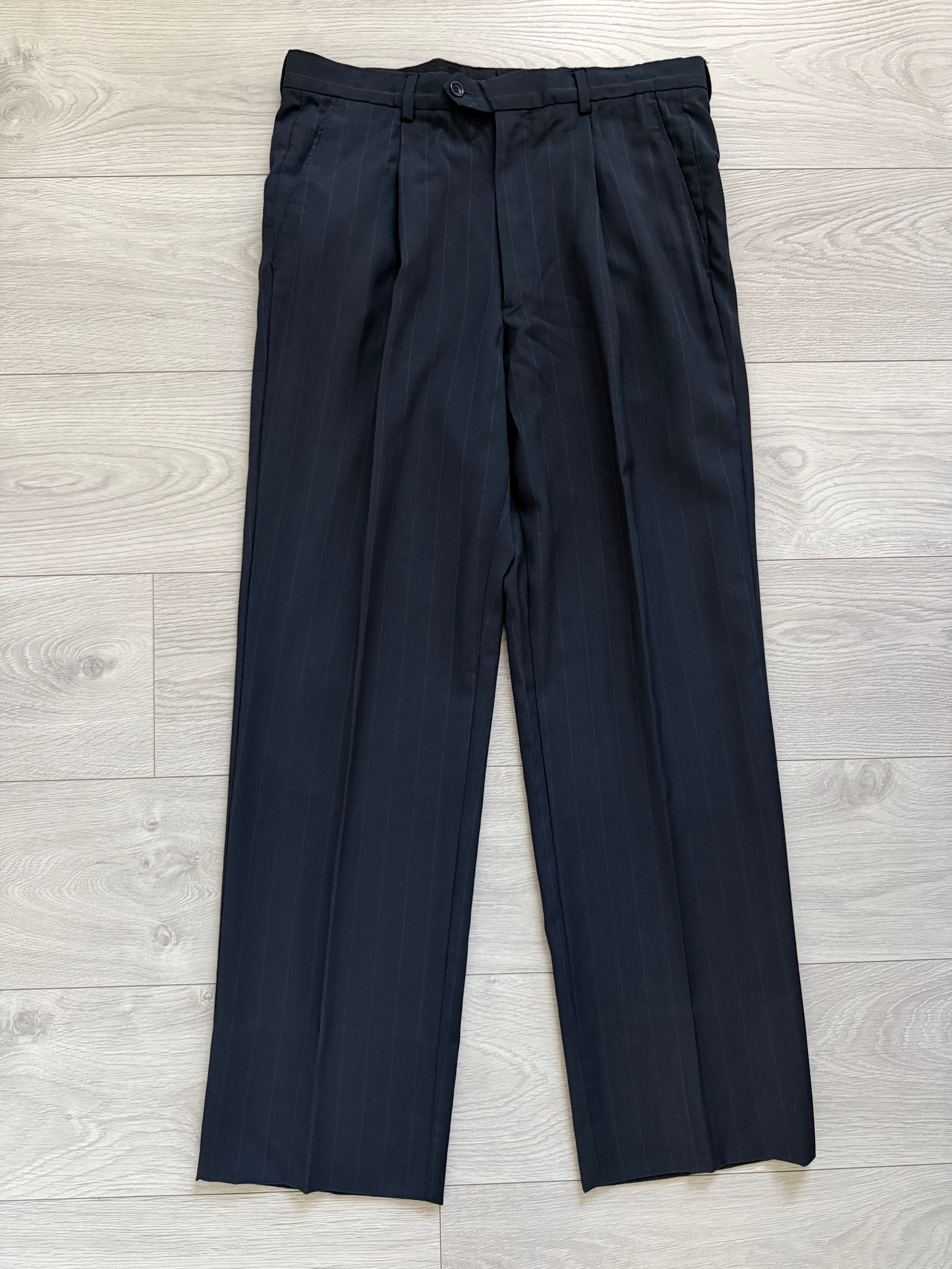 Armani 1990s Pleated 3B Wool Striped Suit Navy Blue- Size S Jacket / 32" Waist